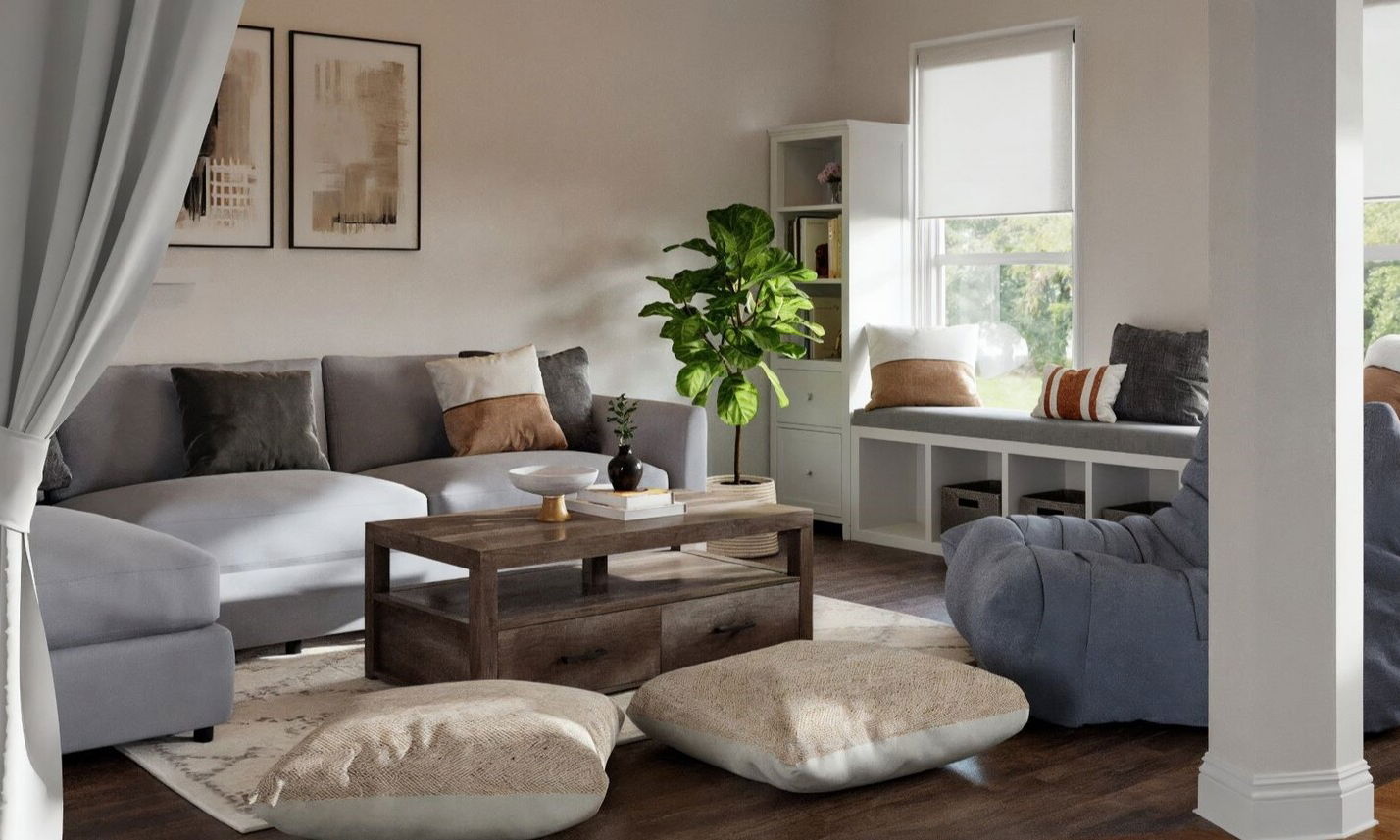 Modern Rustic Living and Dining Room Design by top Rockford interior designers