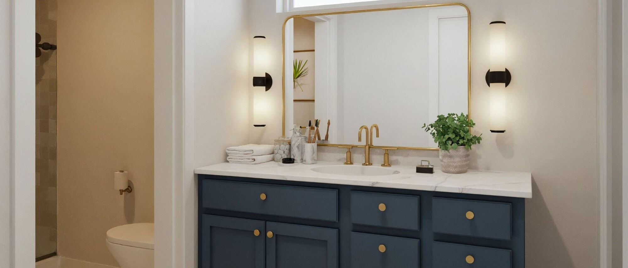 Remodelación de Baño Principal Moderna Blanco & Azul - Renderizado Después