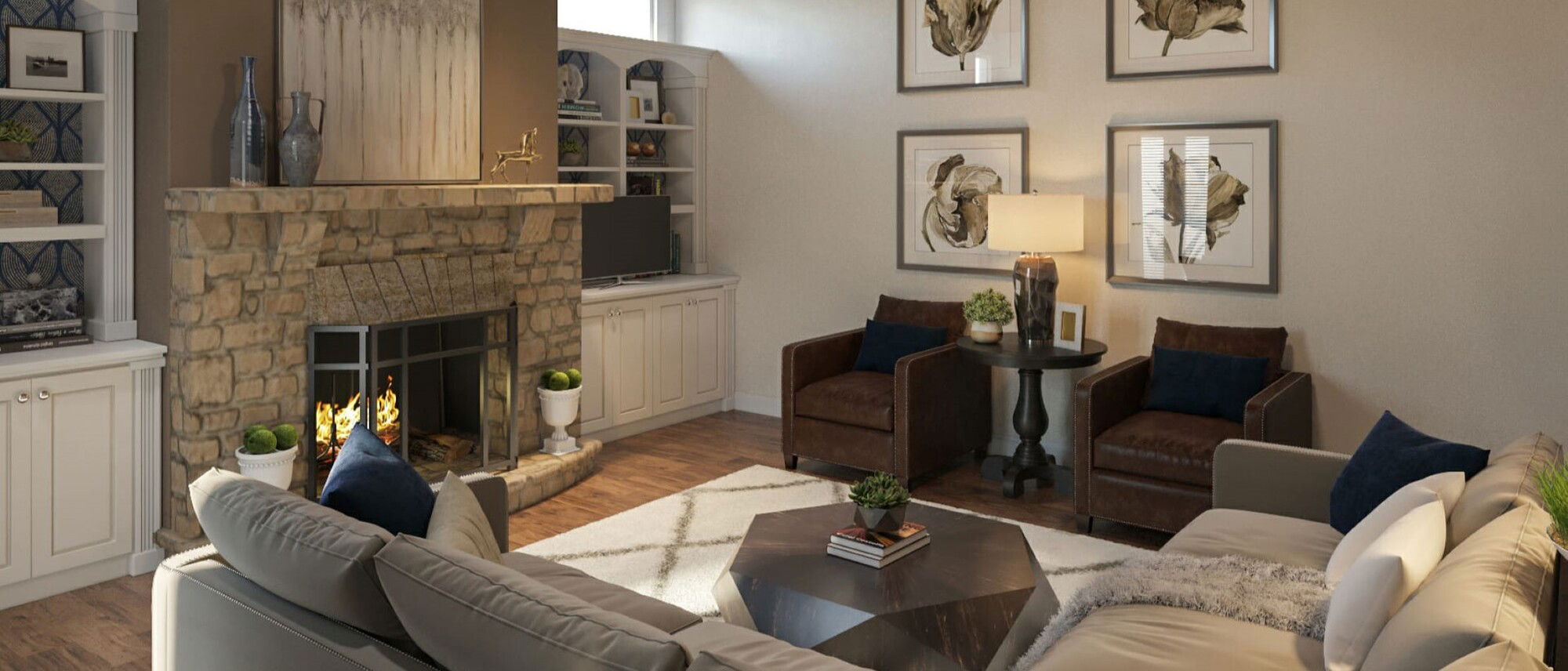 Sala de estar elegante y comedor formal - Renderizado después