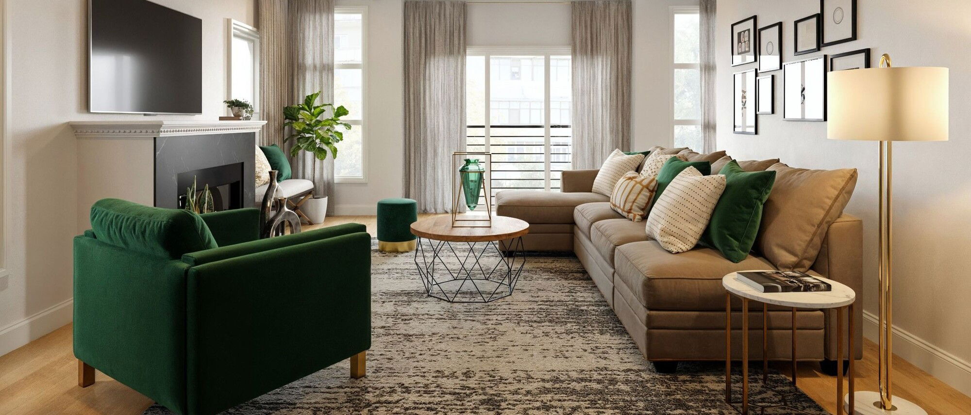 Diseño de sala de estar con acento verde esmeralda - Renderizado después