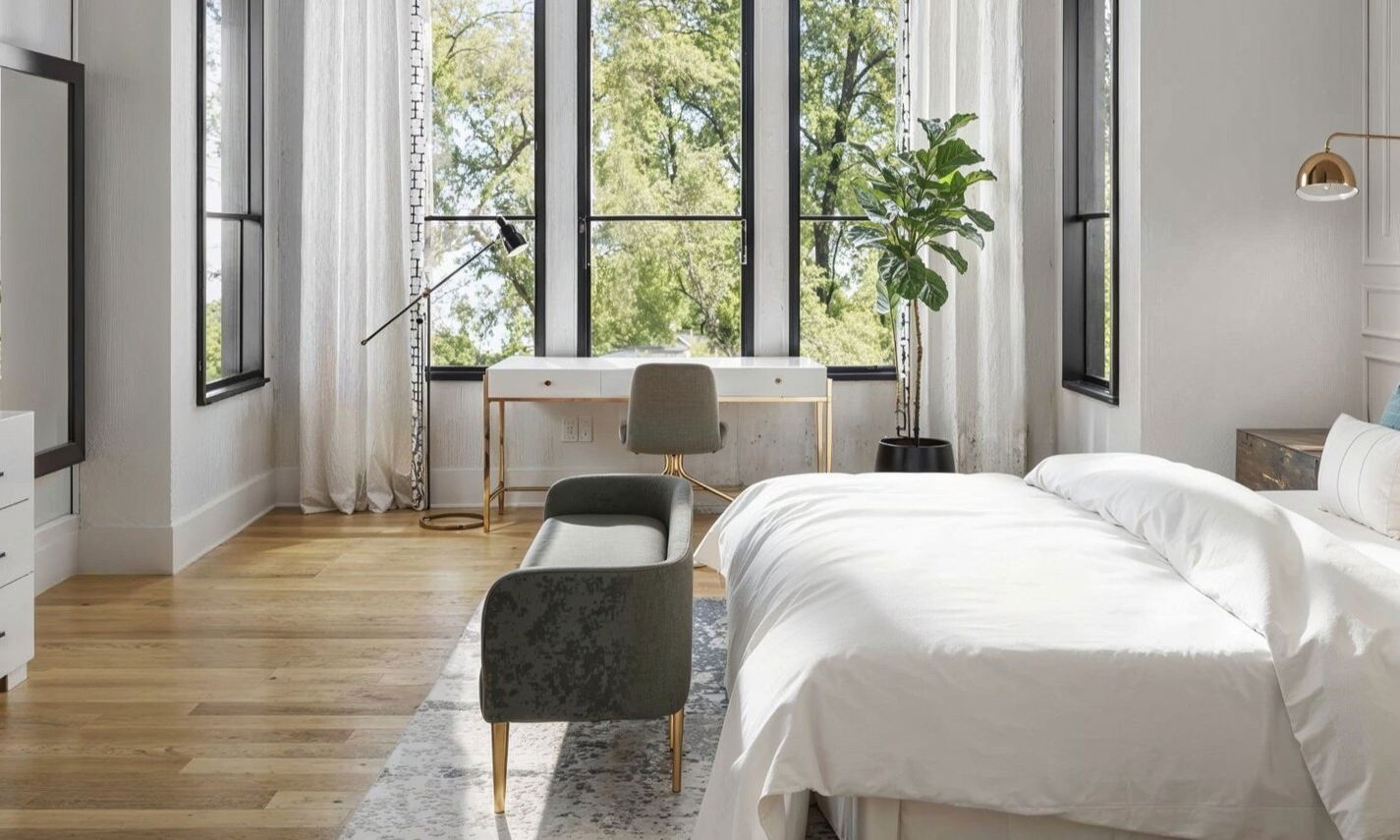 Transitional Vaulted Ceiling Bedroom Design by affordable Beaumont interior designers