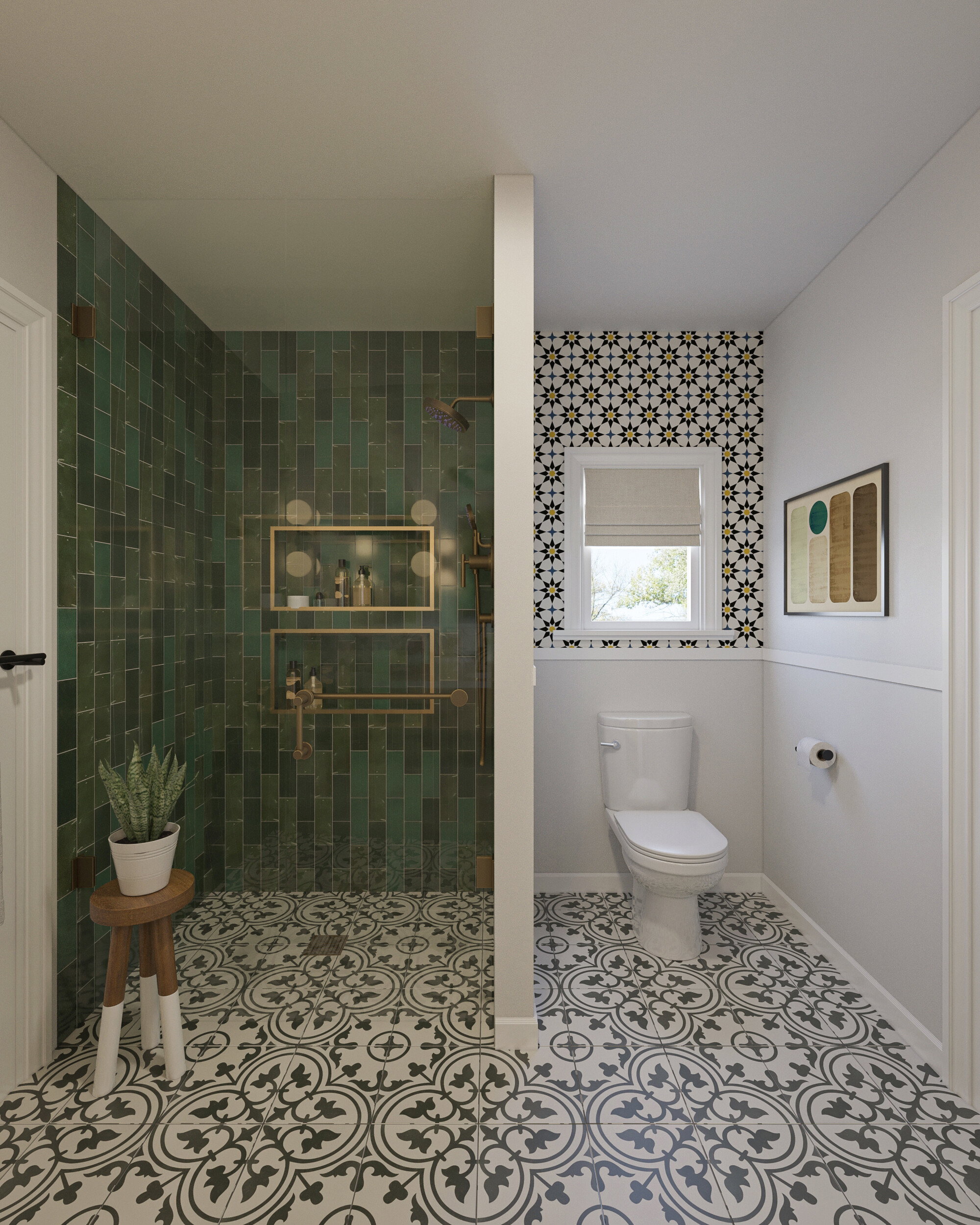 Renderizado de diseño de baño moderno en azulejos verdes y blancos