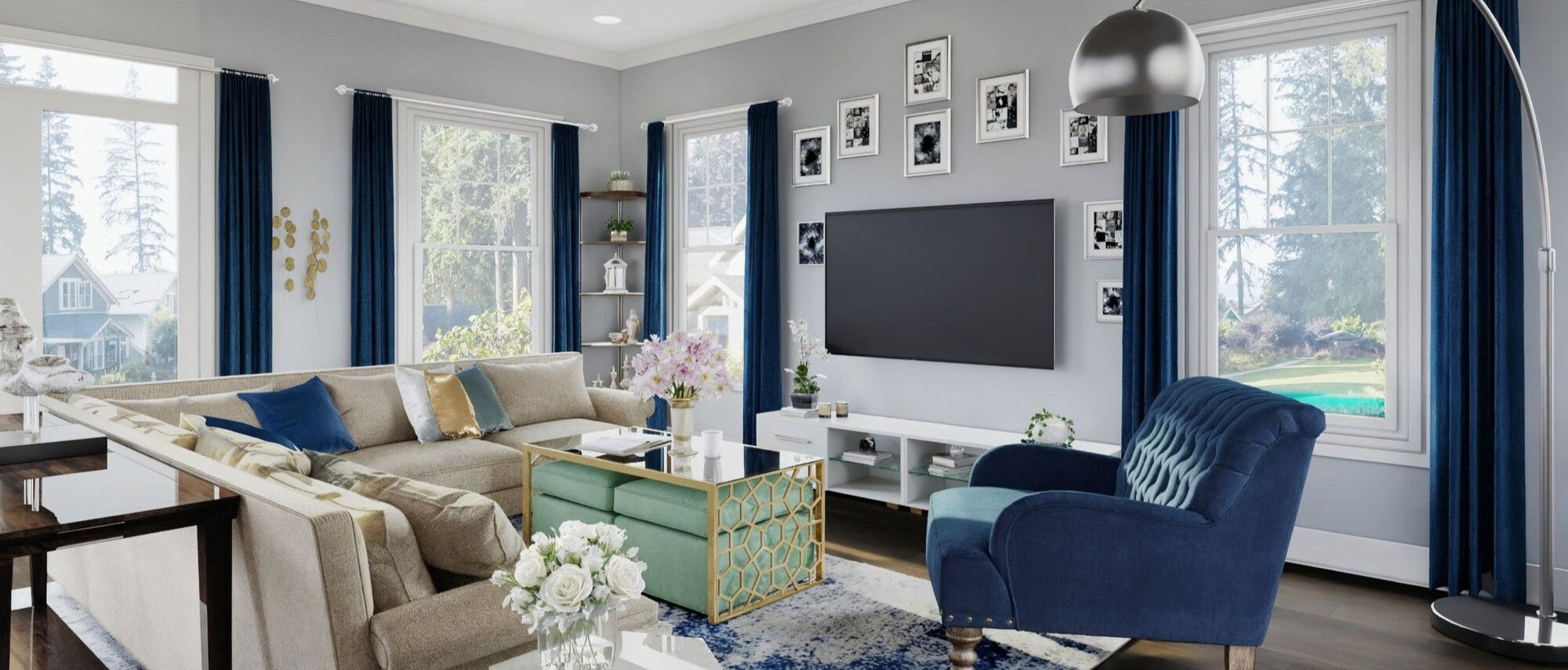 Sala de estar y comedor brillante con decoración transitional - Renderizado después