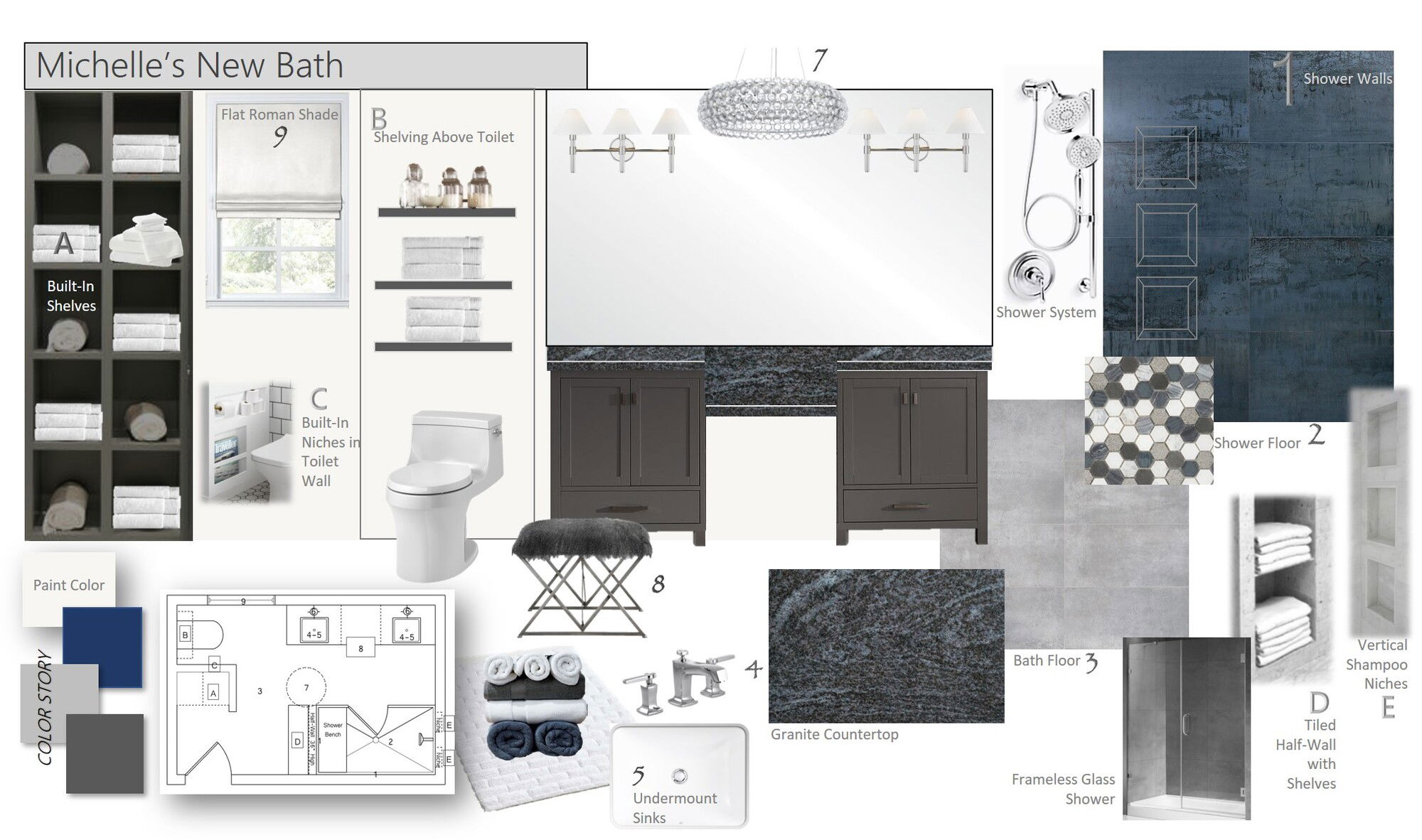 Bathroom Remodel with Blue Accent Walk-In Shower Wanda P. Moodboard 1 thumb