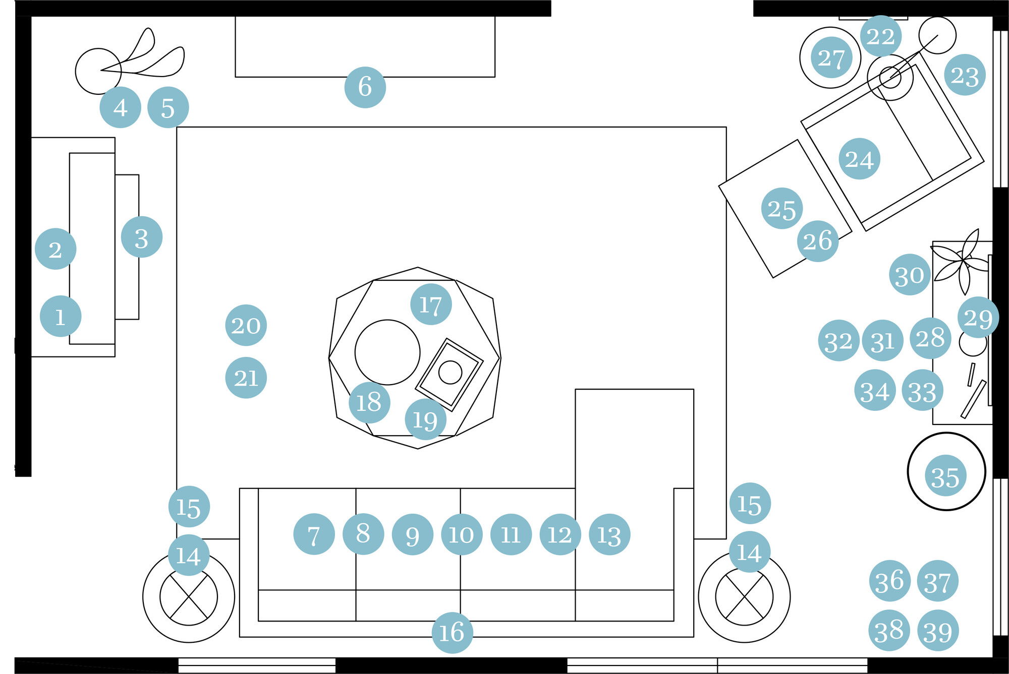 Plano de planta de sala de estar en línea