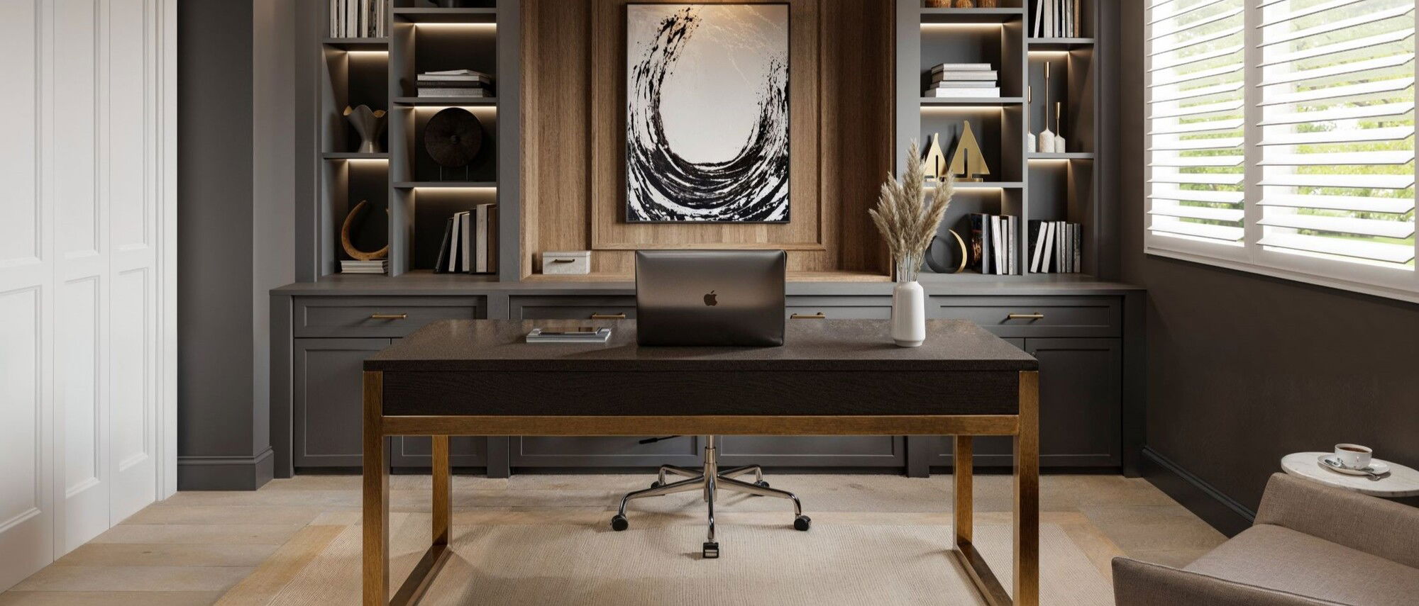 Moody & Comfortable Home Office by affordable Salinas interior designers