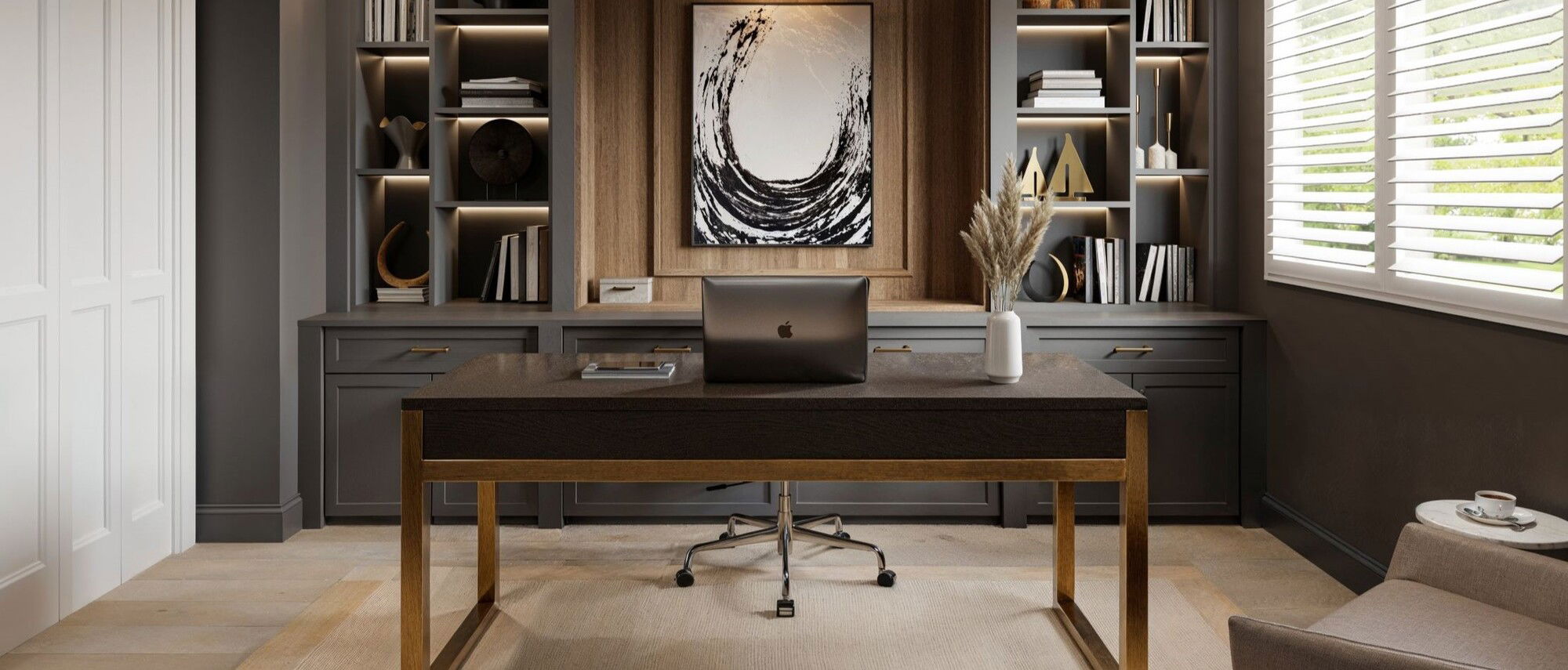 Moody & Comfortable Home Office by top Antioch interior designers