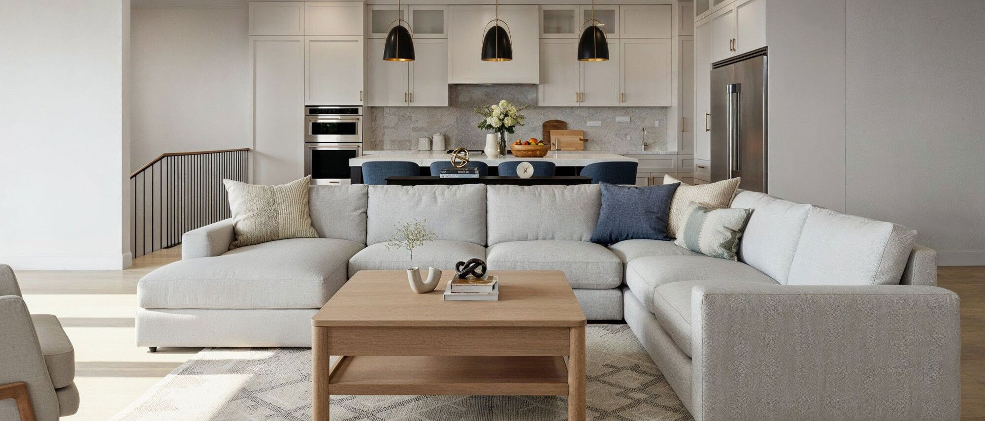 Diseño de interiores de sala y cocina transicional - Render después