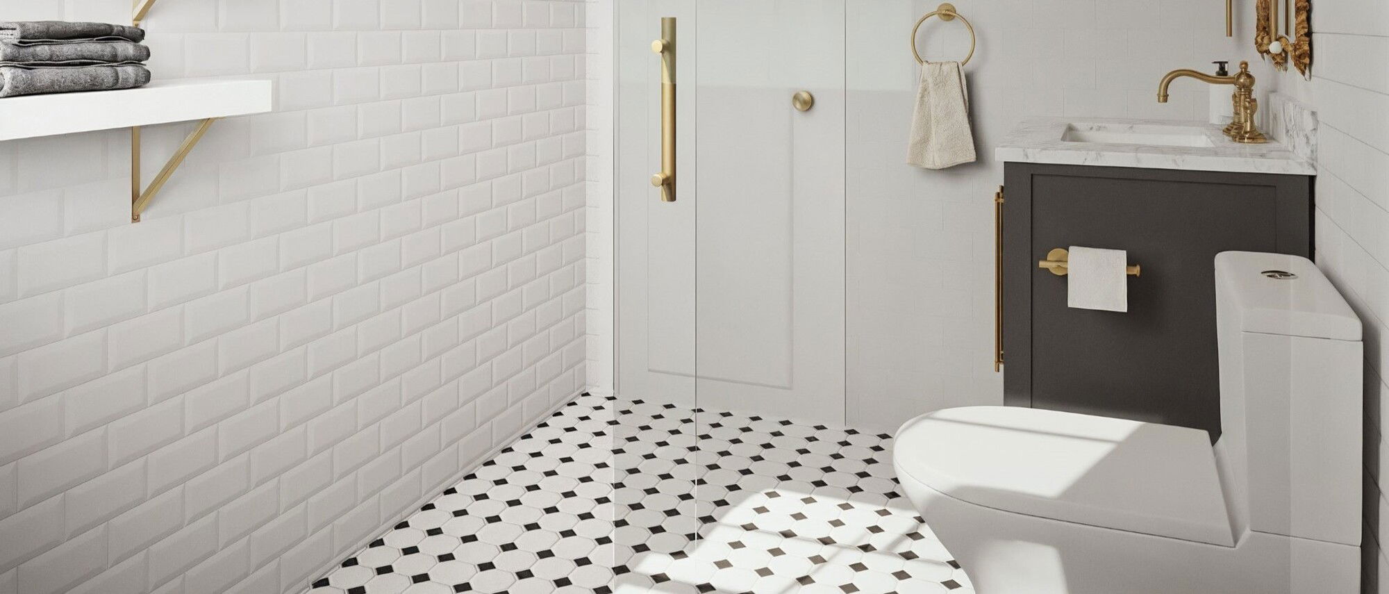 Diseño de baño glamoroso en blanco y negro - Render después