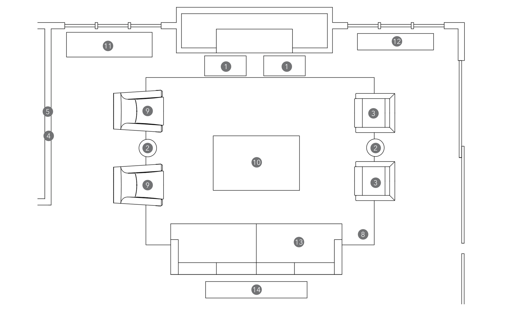 Plano de planta de sala de estar en línea