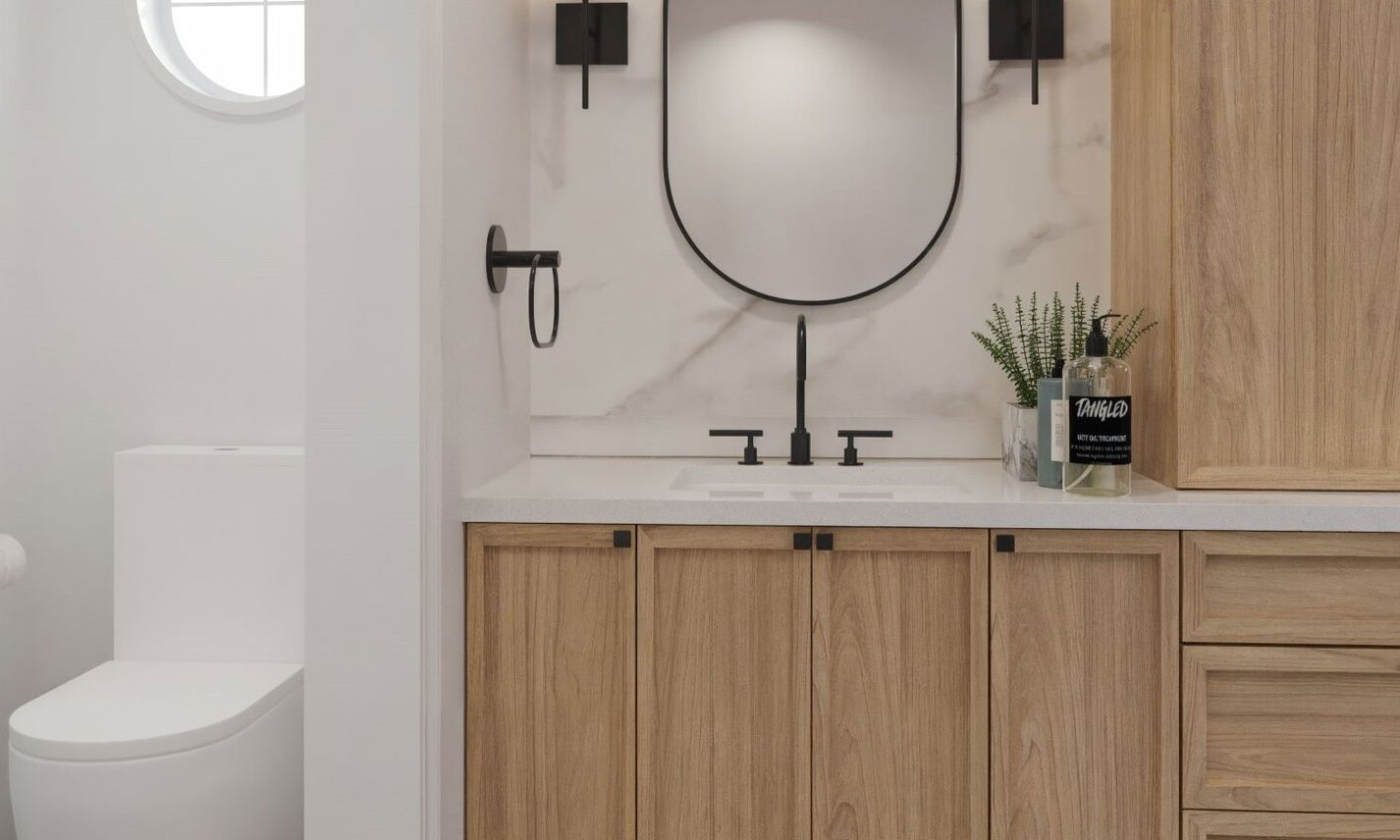 Neutral Bathroom Makeover with Stylish Wood