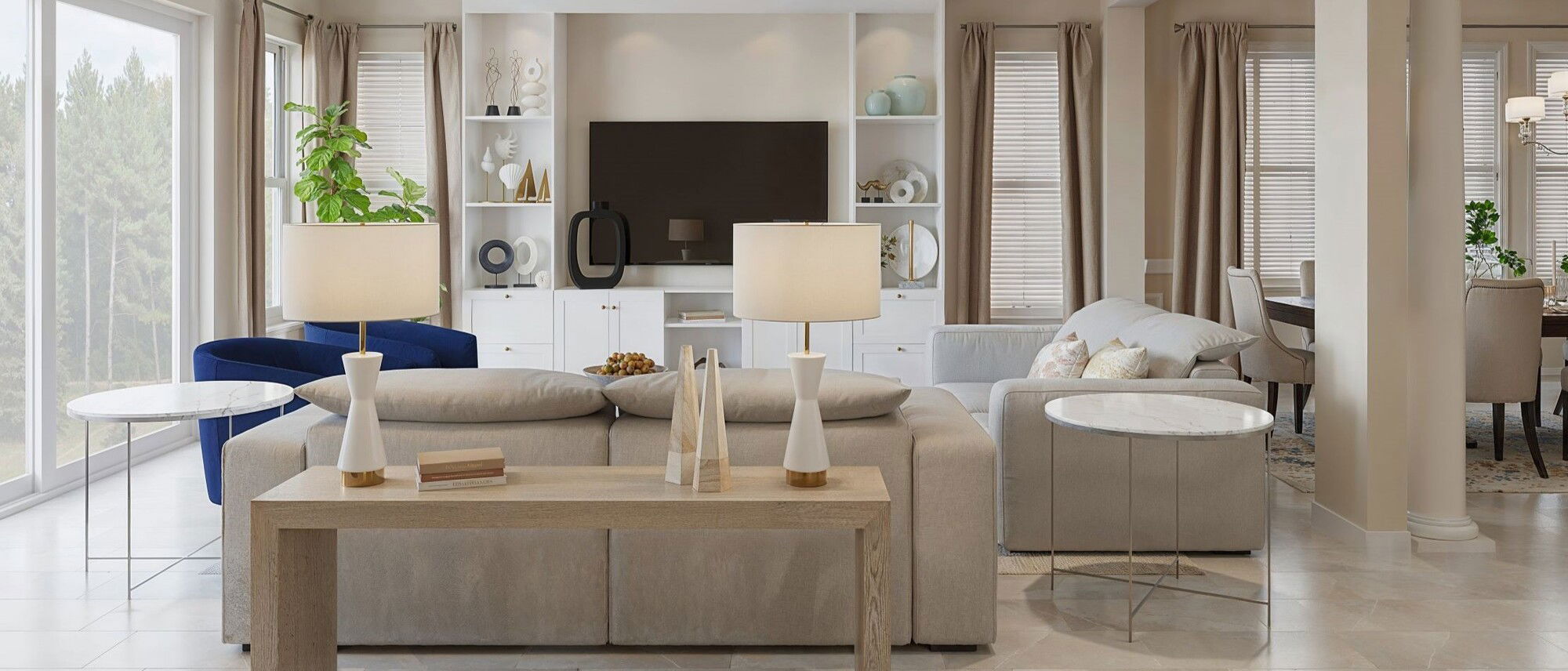 Transformación Sutil Glam de Salón y Comedor Combinados - Renderizado Después