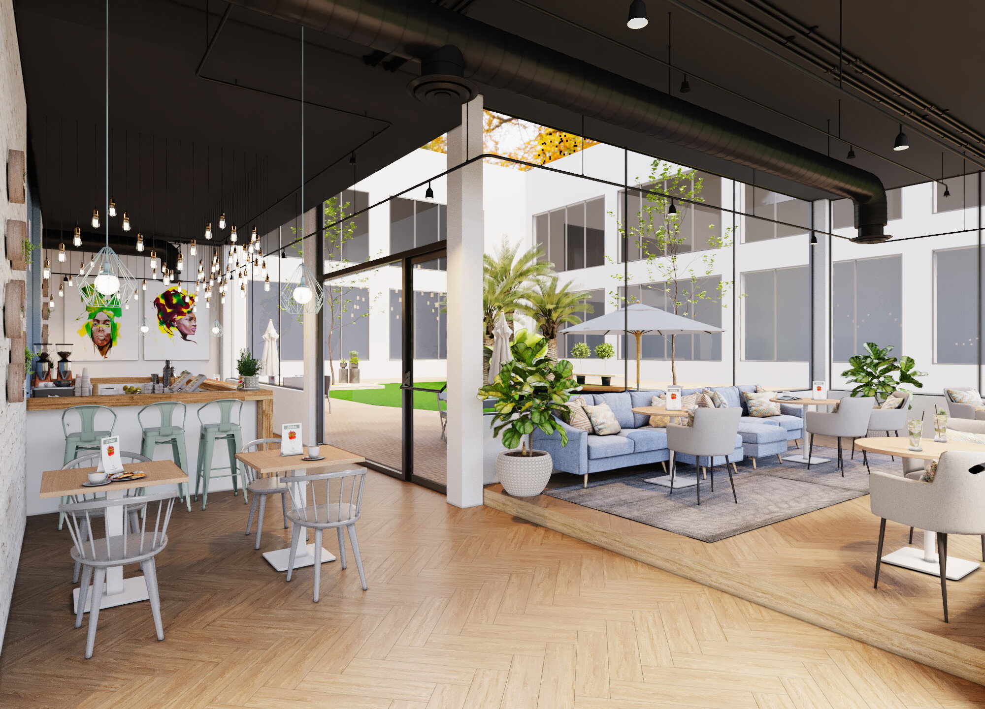 Renderizado miniatura de diseño de cafetería ecléctica