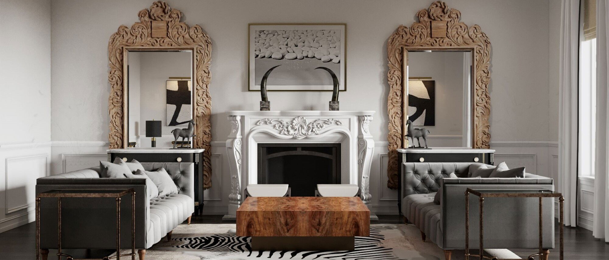 Living Room Design with Hand Carved Fireplace by top Minneapolis interior designers