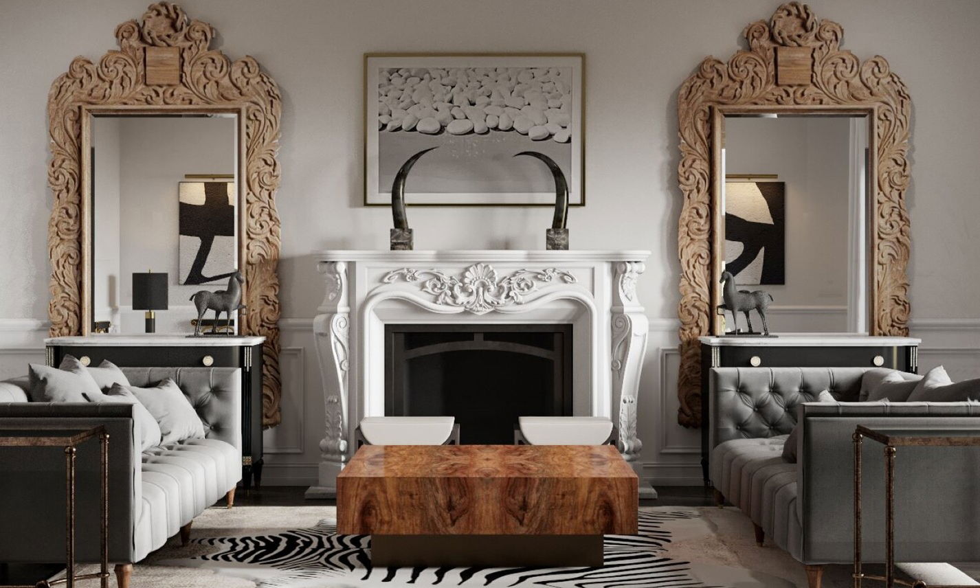 Living Room Design with Hand Carved Fireplace by top Rochester interior designers