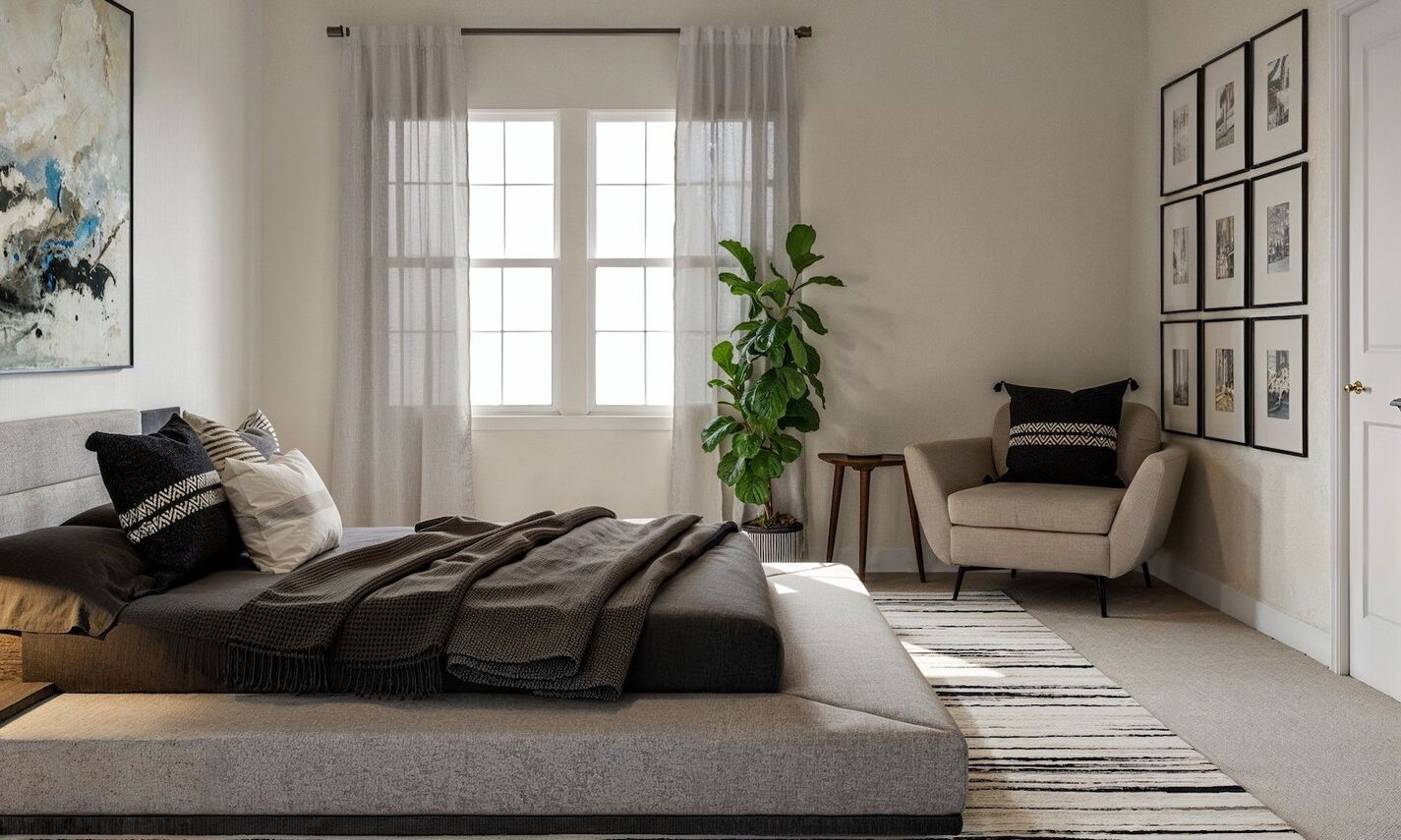 Neutral Modern Home with Wine Shelves by interior designers in Alexandria, Virginia