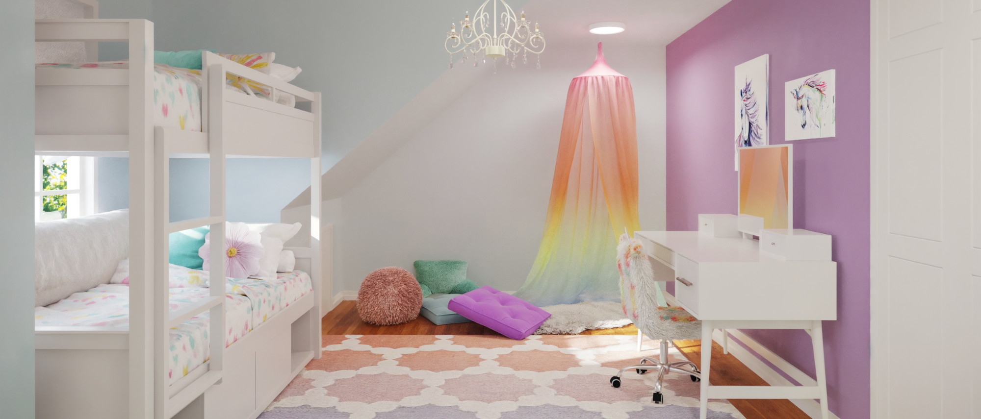 Colorful Unicorn Themed Room Design For Girls- After Rendering