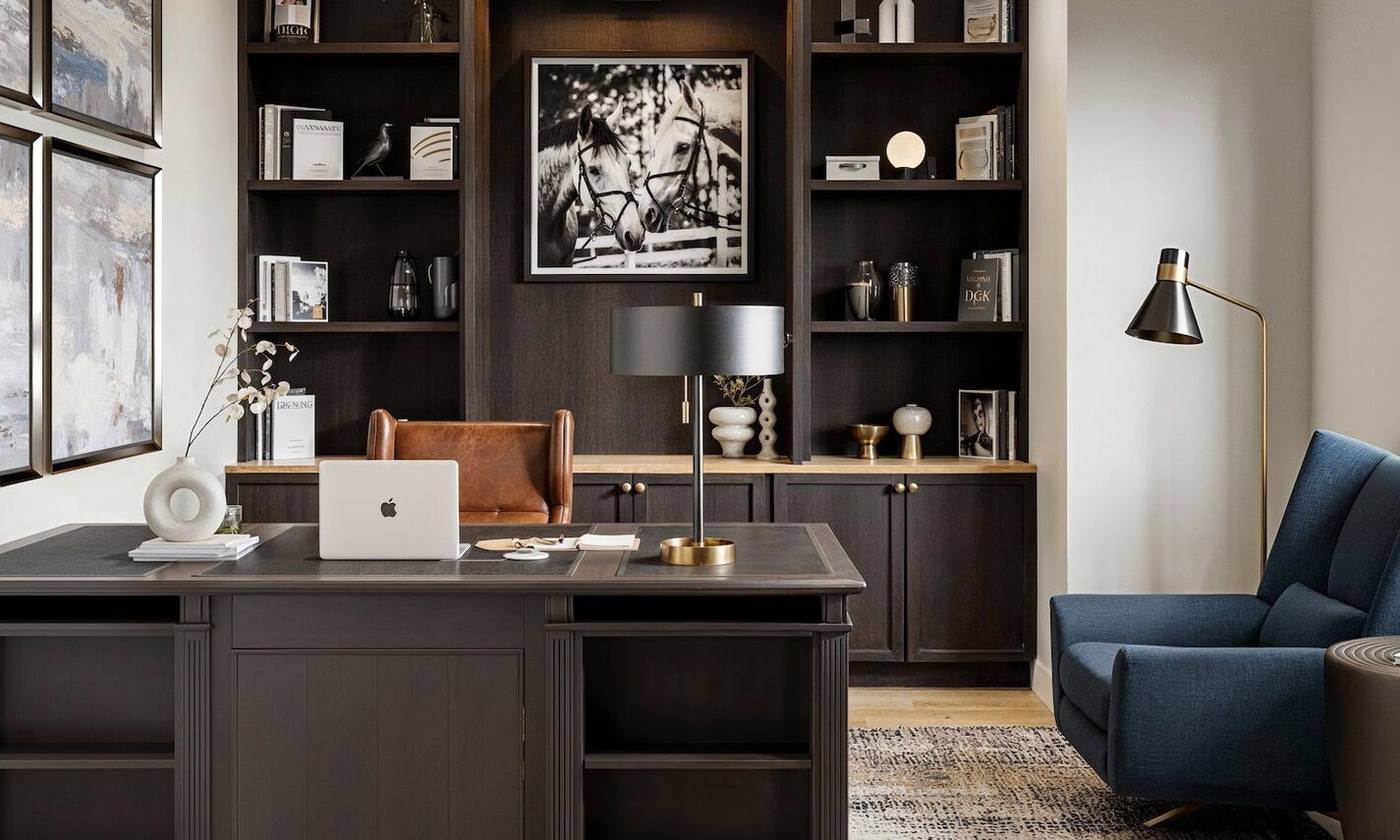 Chic Modern Master Bedroom & Office Design by interior designers in St Louis, Missouri