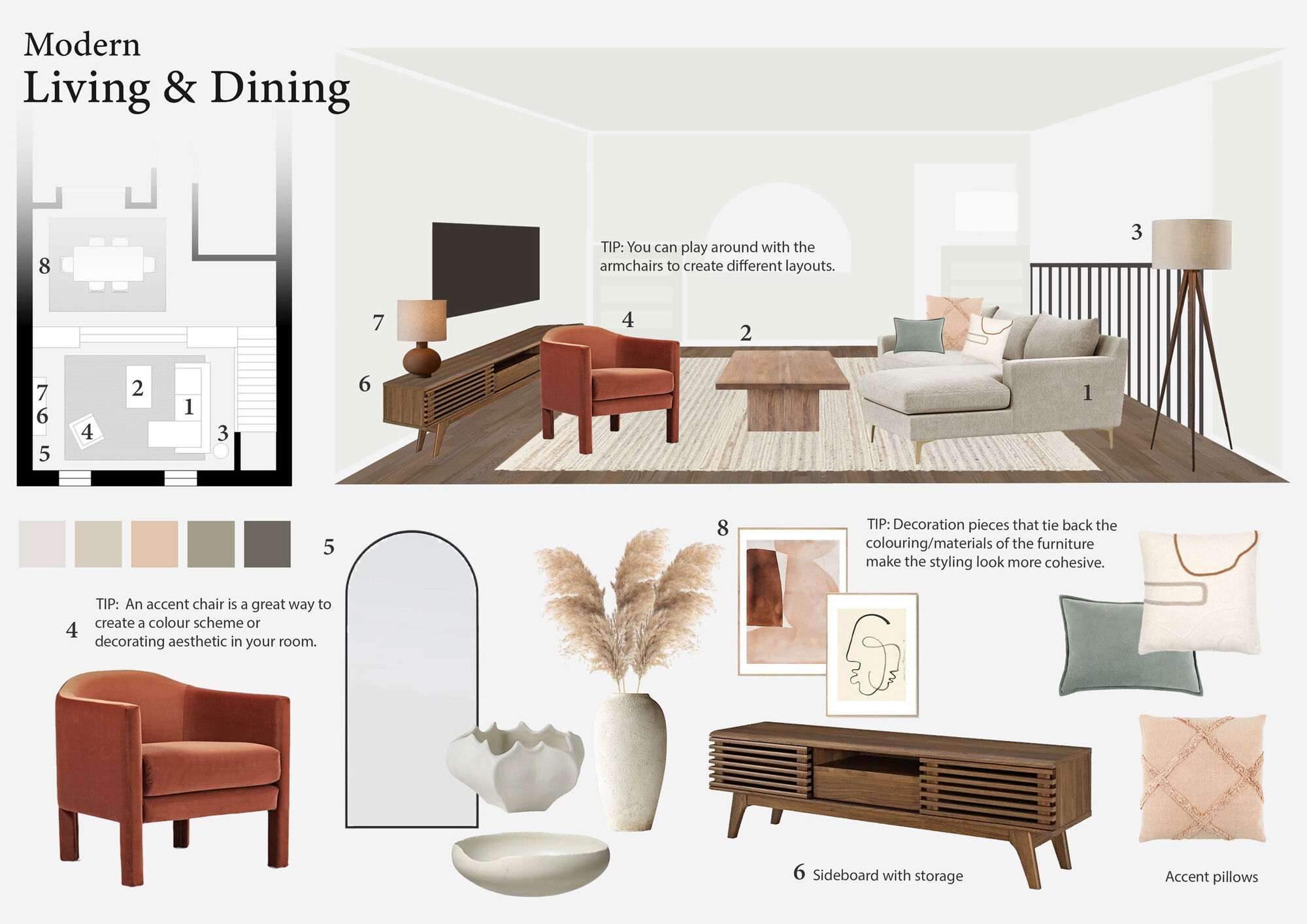 Ideas de Diseño de Interiores Combinadas de Sala-Comedor del Diseñador en Línea