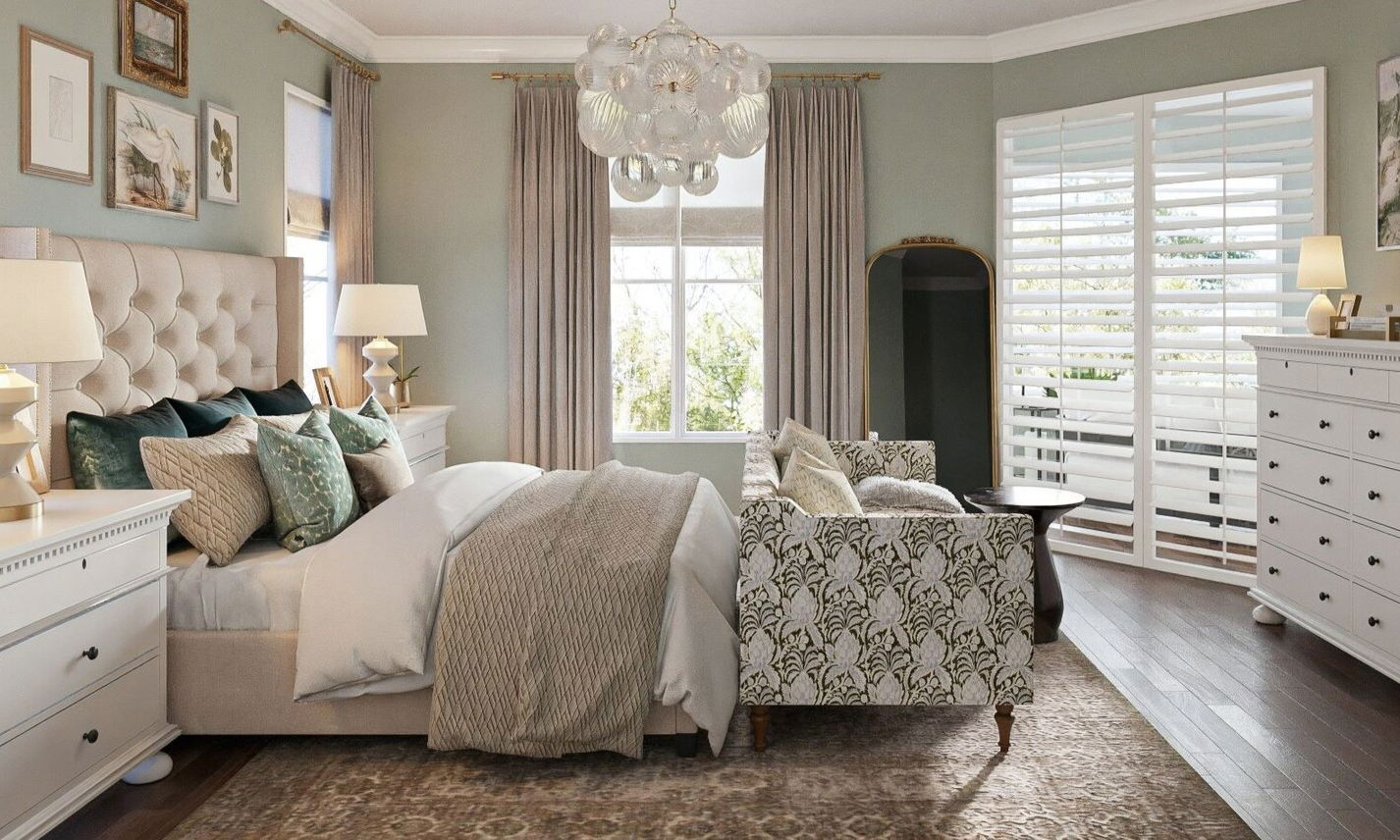 Glam Master Bedroom with Seating Area by interior designers in Gainesville, Florida