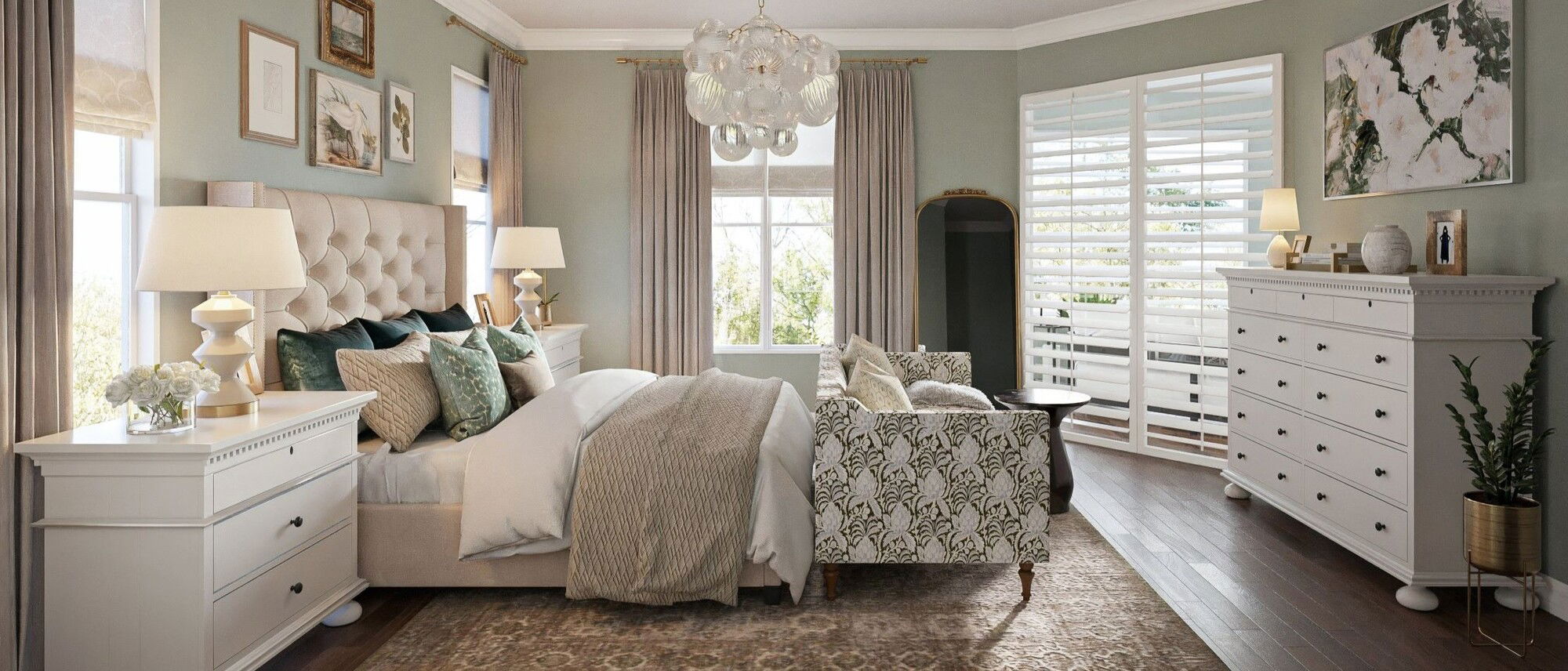 Glam Master Bedroom with Seating Area by interior designers in Gainesville, Florida