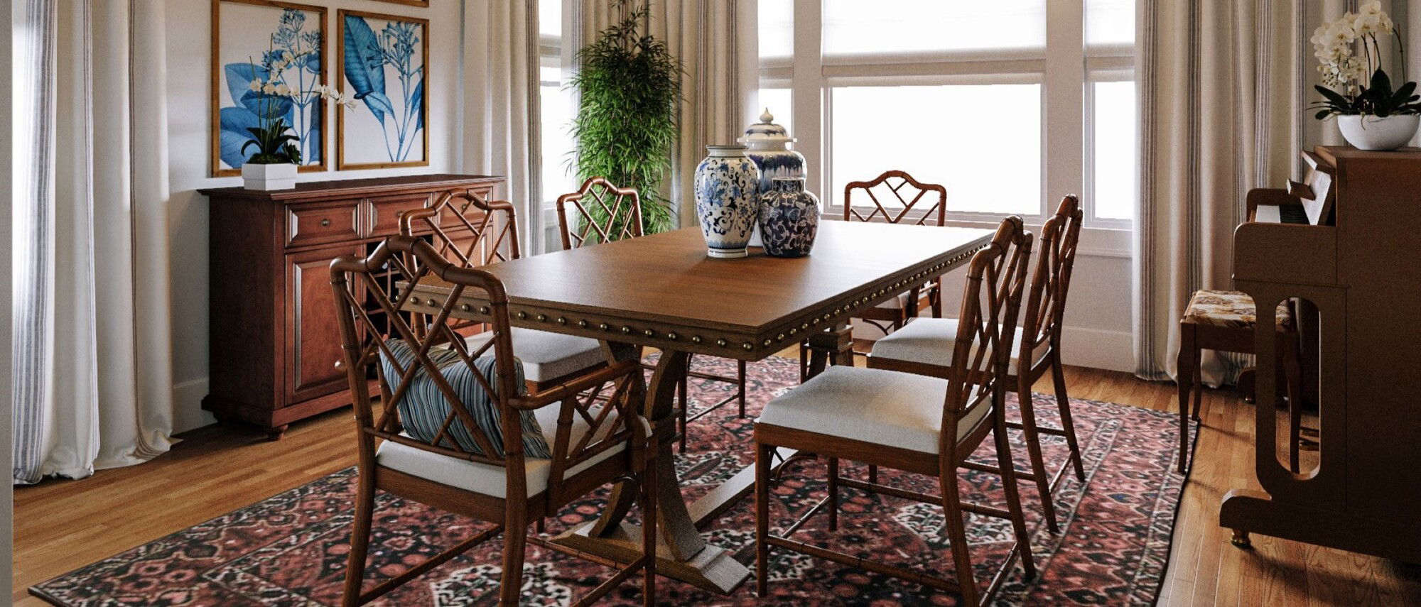 Traditional Dining Room With Blue Accents- After Rendering