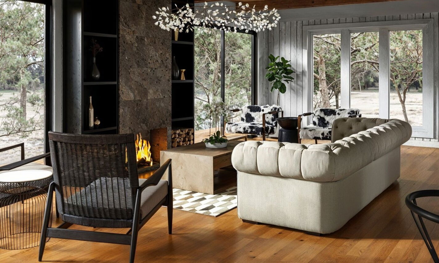 Modern Rustic Lakehouse Living and Dining by top Rockford interior designers