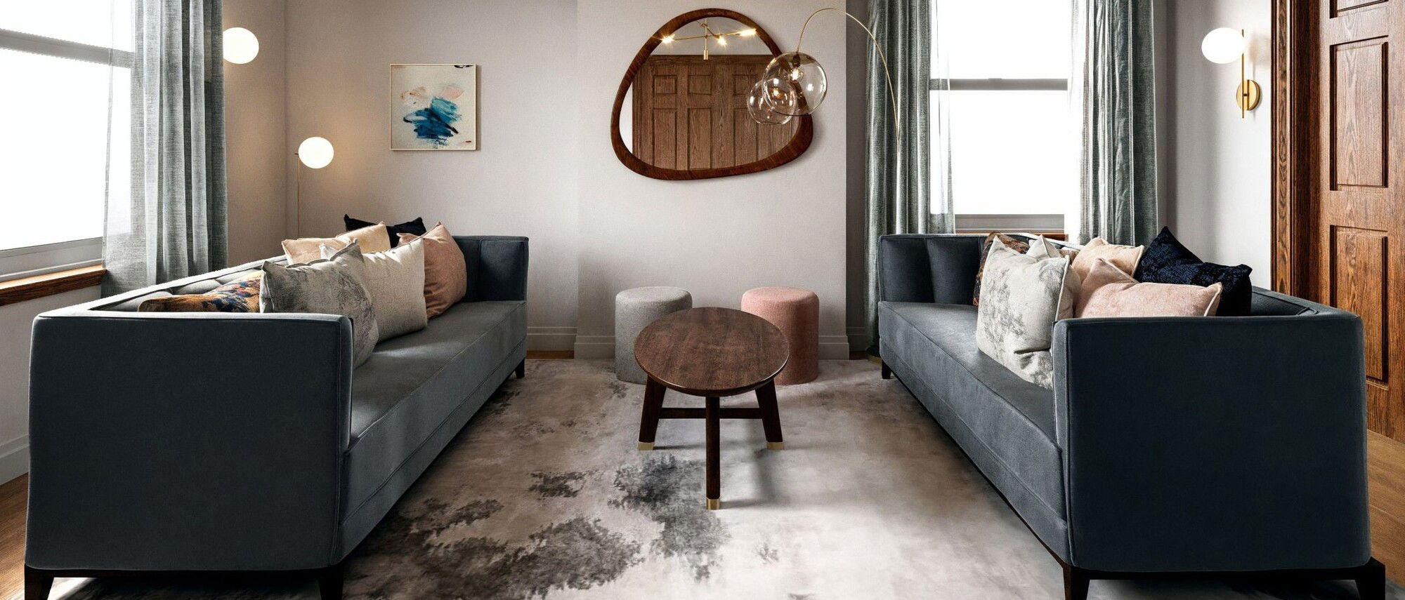 Sala de estar pequeña de estilo moderno de mediados de siglo - Foto después de renderizado