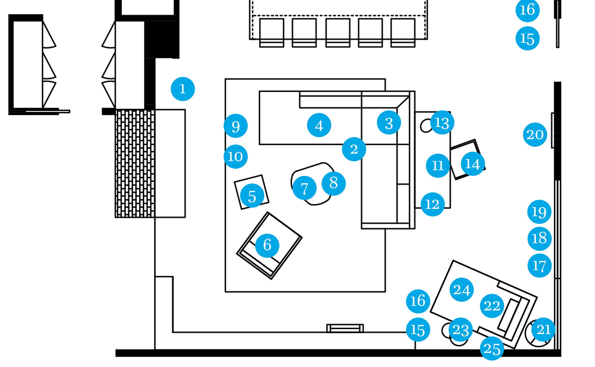 Plano de planta de sala de estar en línea
