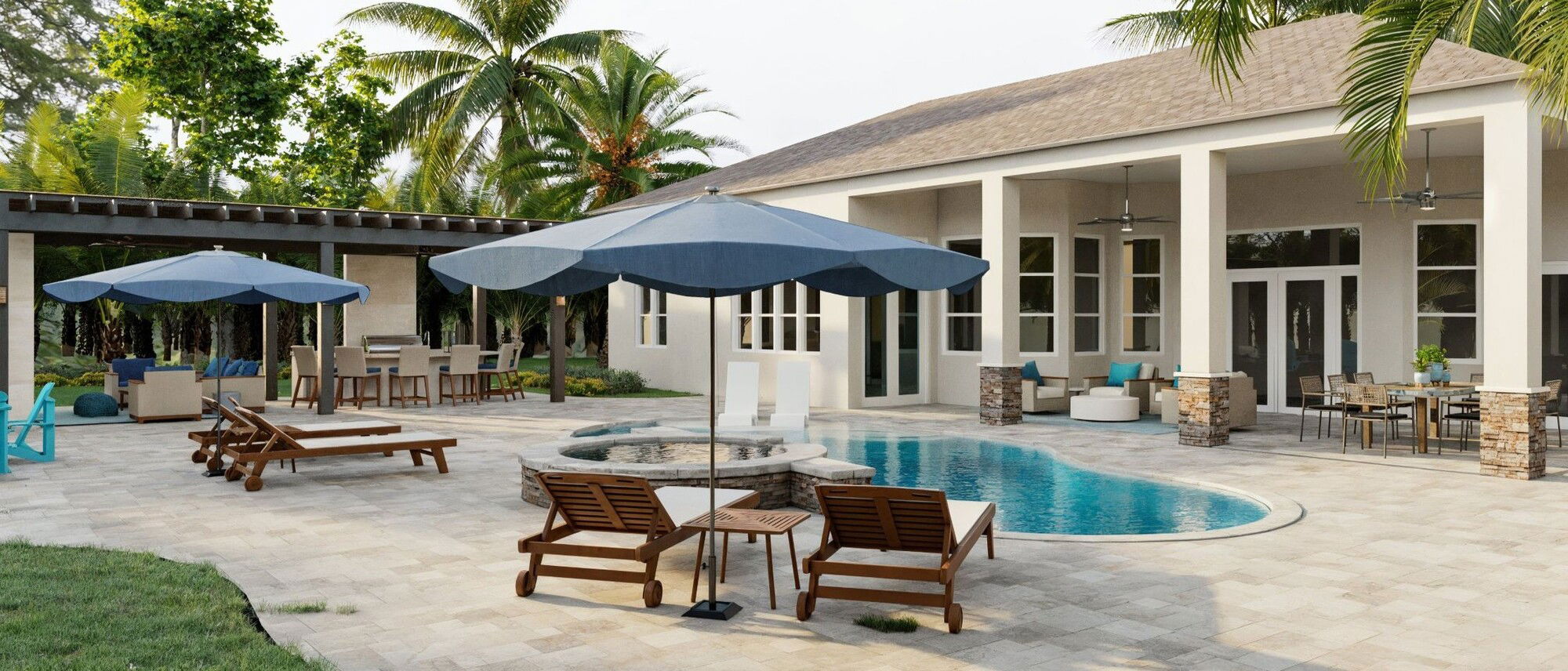 Patio Costero Relajante con Parrilla y Piscina - Renderizado Después