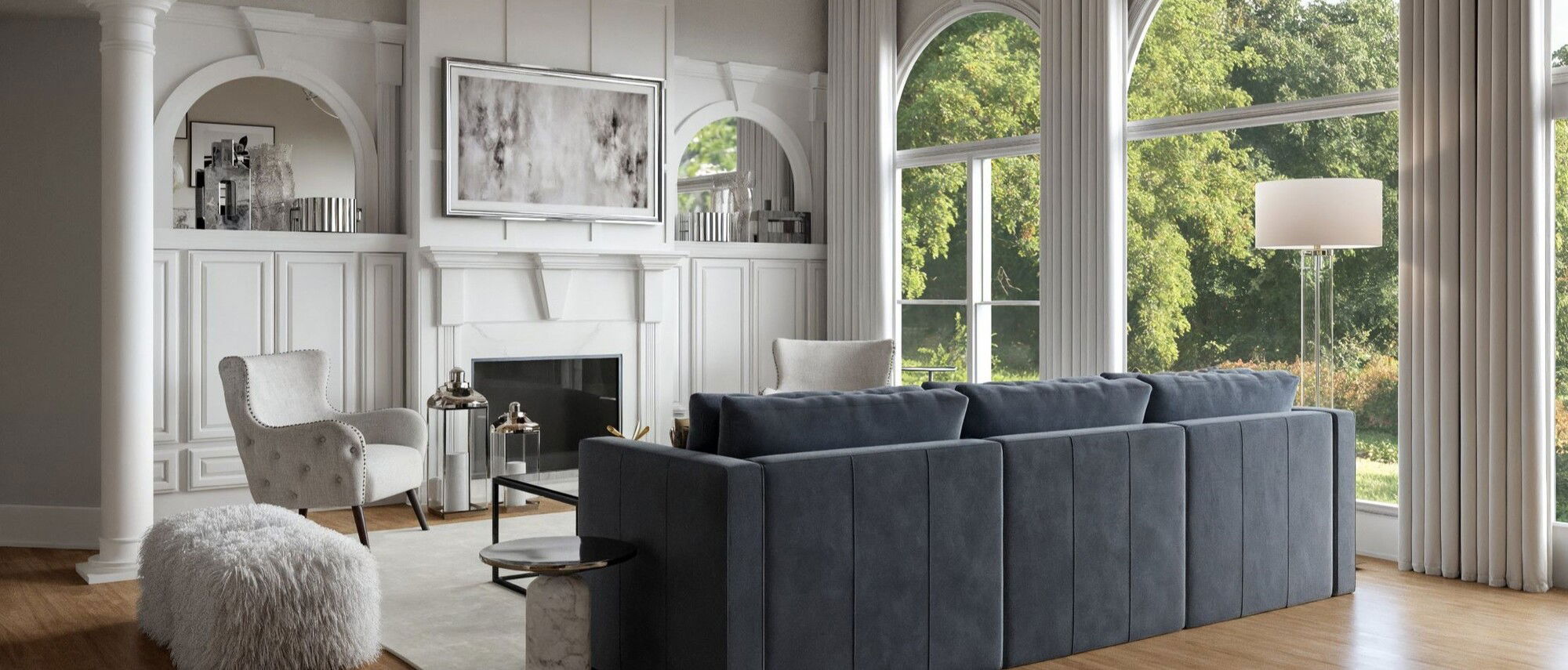Glam Transitional Living Room Transformation by interior designers in Murfreesboro, Tennessee