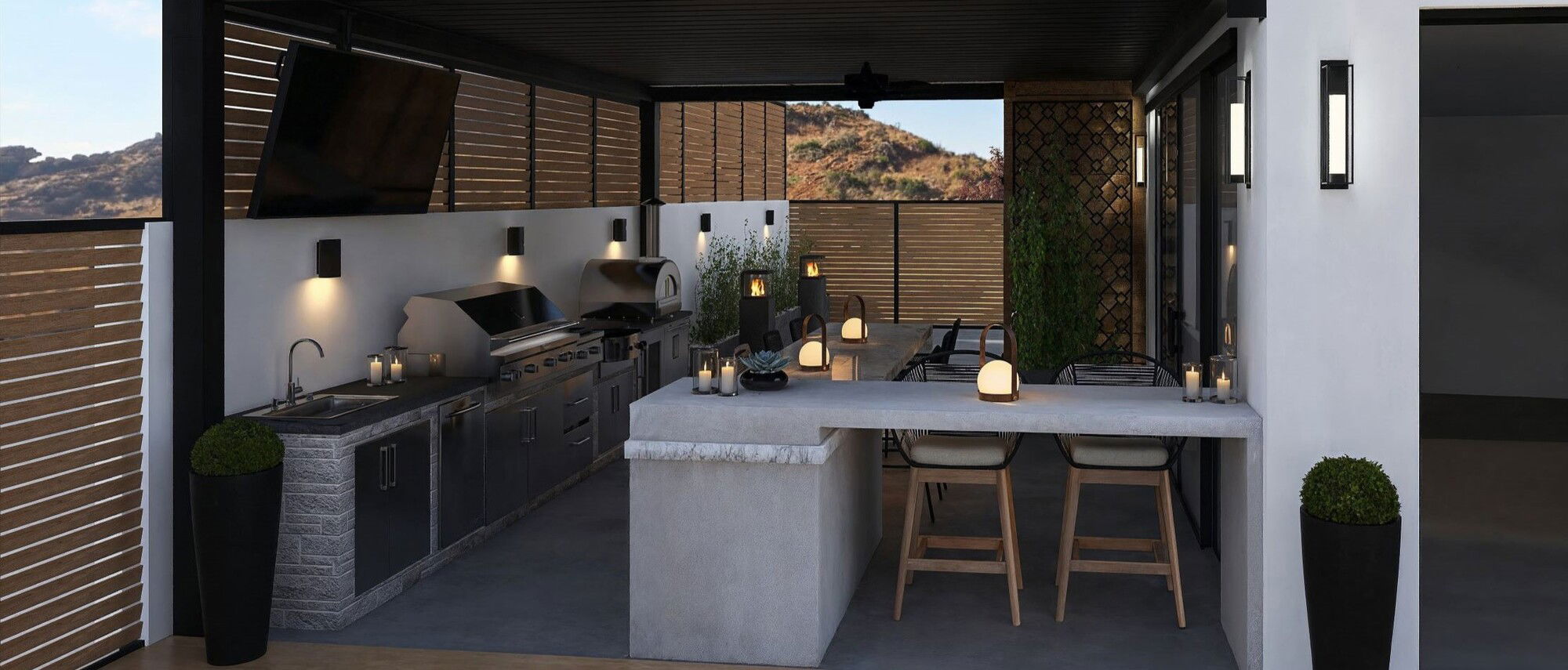 Diseño Moderno de Área de Parrilla y Bar en el Patio - Renderizado Después