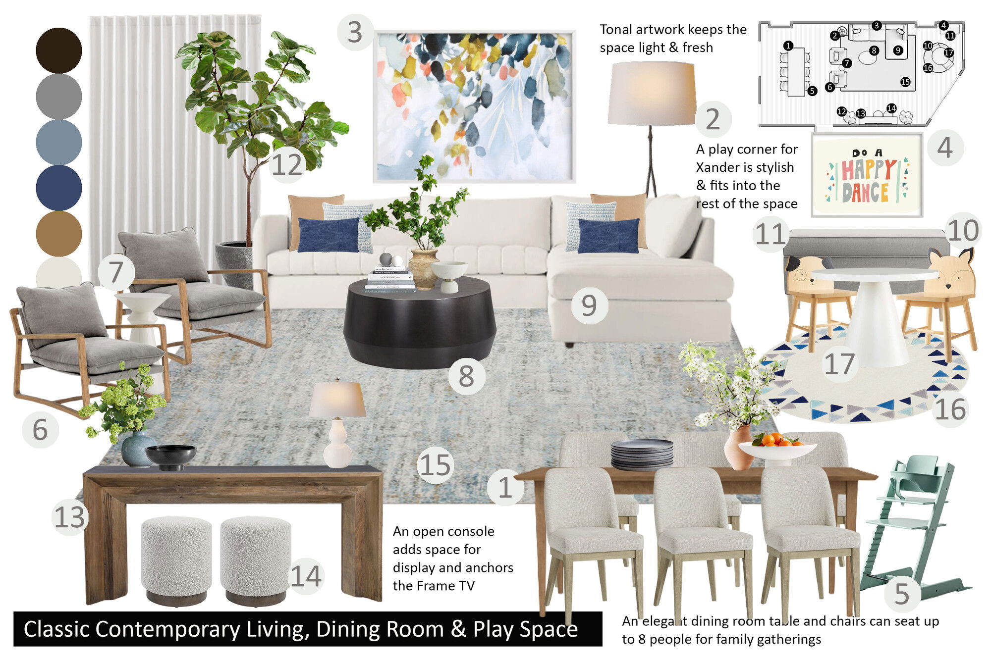 Ideas de Diseño de Interiores Combinadas de Sala-Comedor del Diseñador en Línea