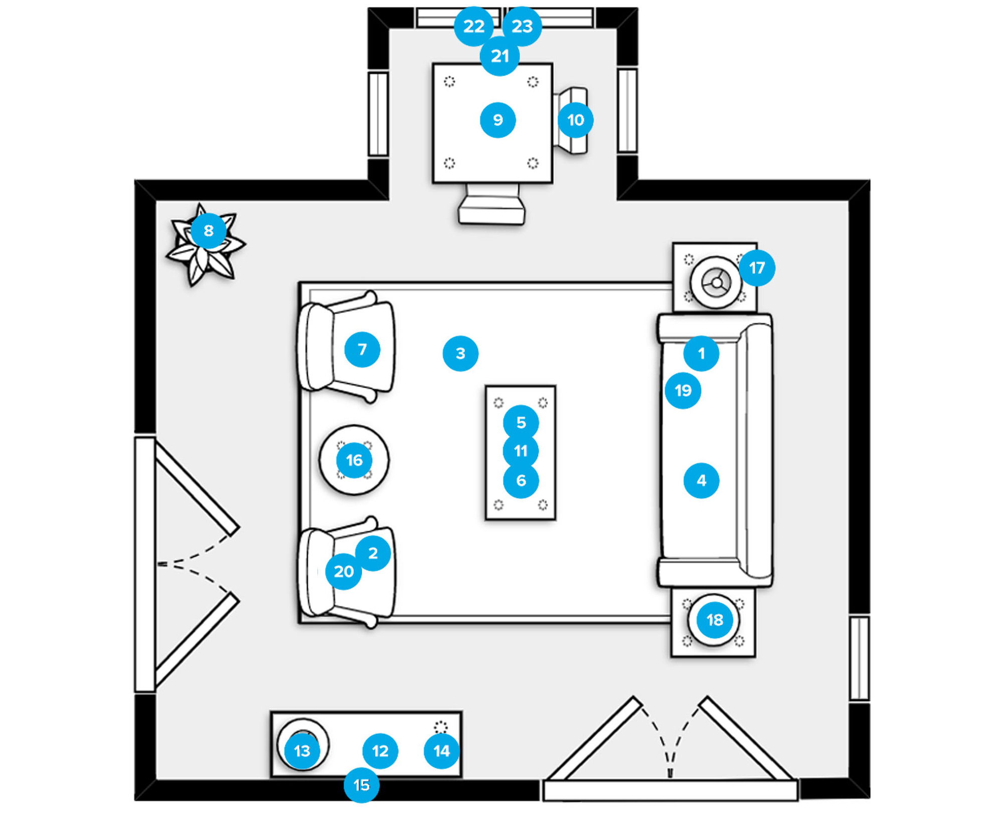 Plano de planta de sala de estar en línea