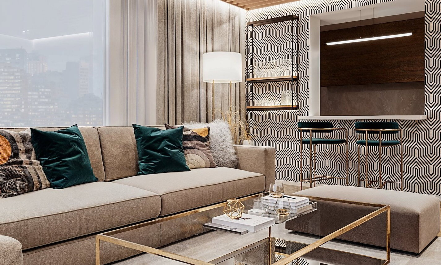 Contemporary Living Room Wallpaper Ideas by top Saratoga interior designers