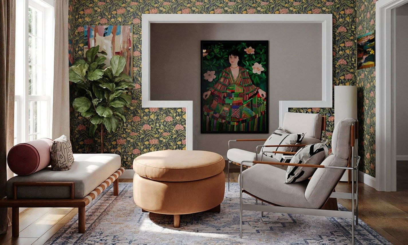 Warm and Eclectic Living and Office Room Design