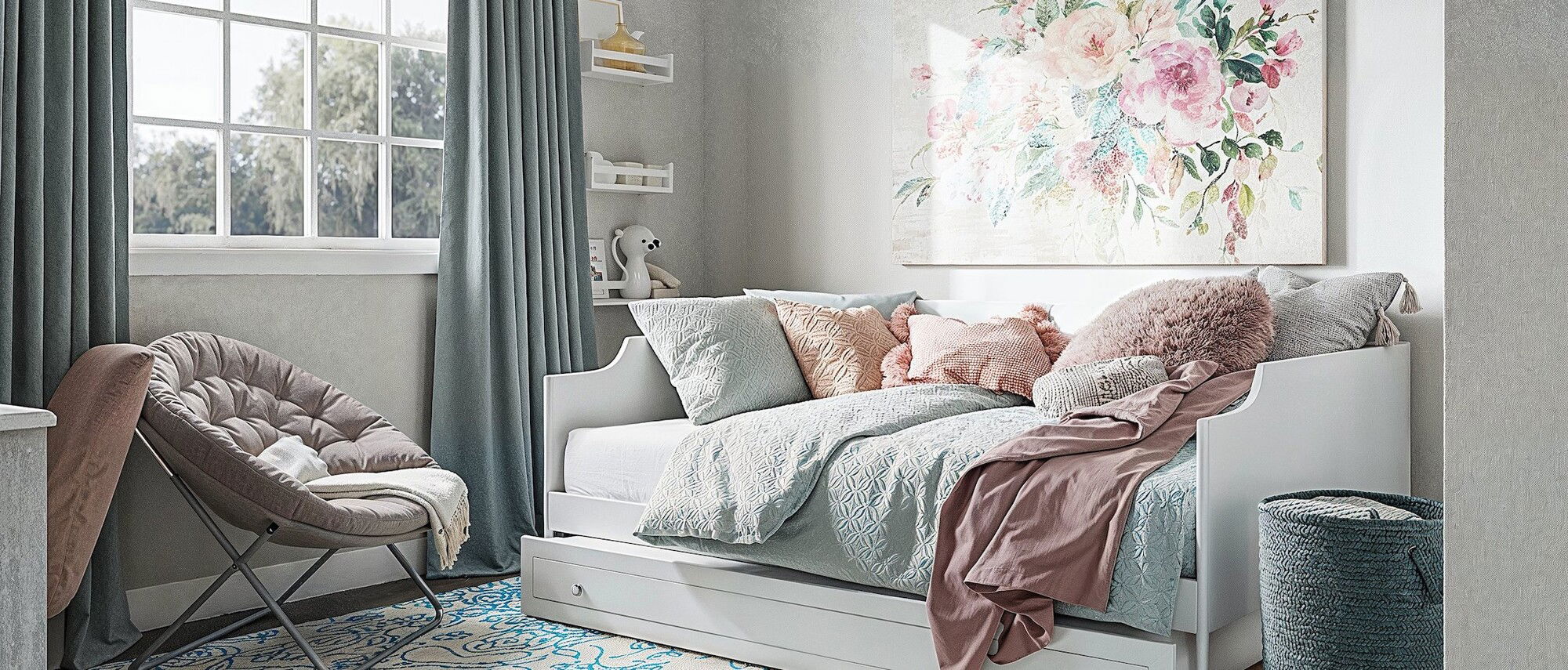 Pastel Blue and Dusty Rose Bedroom for Kids - After Rendering