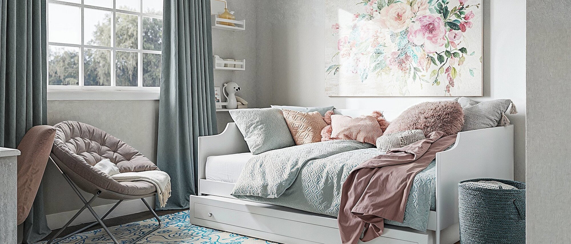 Pastel Blue and Dusty Rose Bedroom for Kids  by affordable Waco interior designers