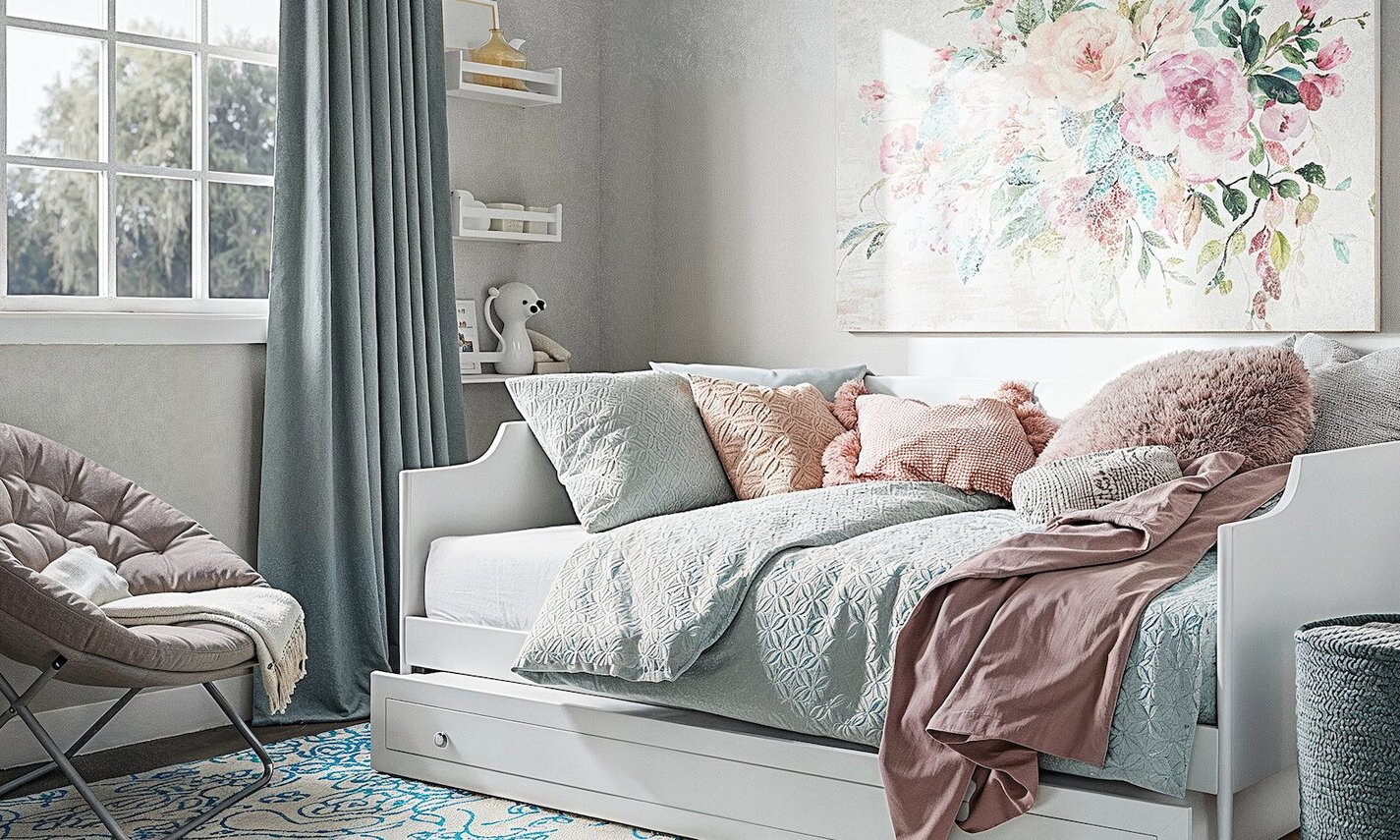 Pastel Blue and Dusty Rose Bedroom for Kids  by interior designers in San Antonio, Texas