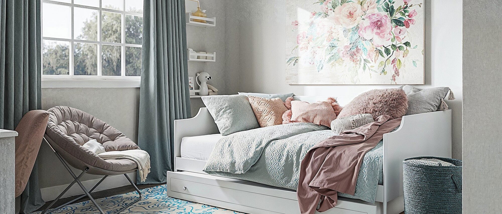Pastel Blue and Dusty Rose Bedroom for Kids  by interior designers in Waco, Texas