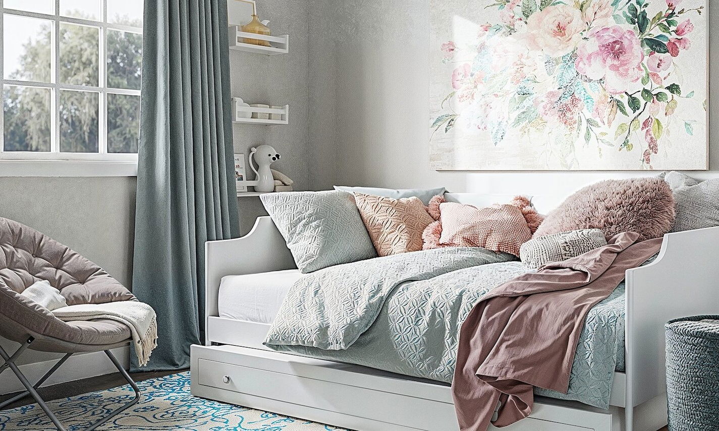 Pastel Blue and Dusty Rose Bedroom for Kids  by top Austin interior designers