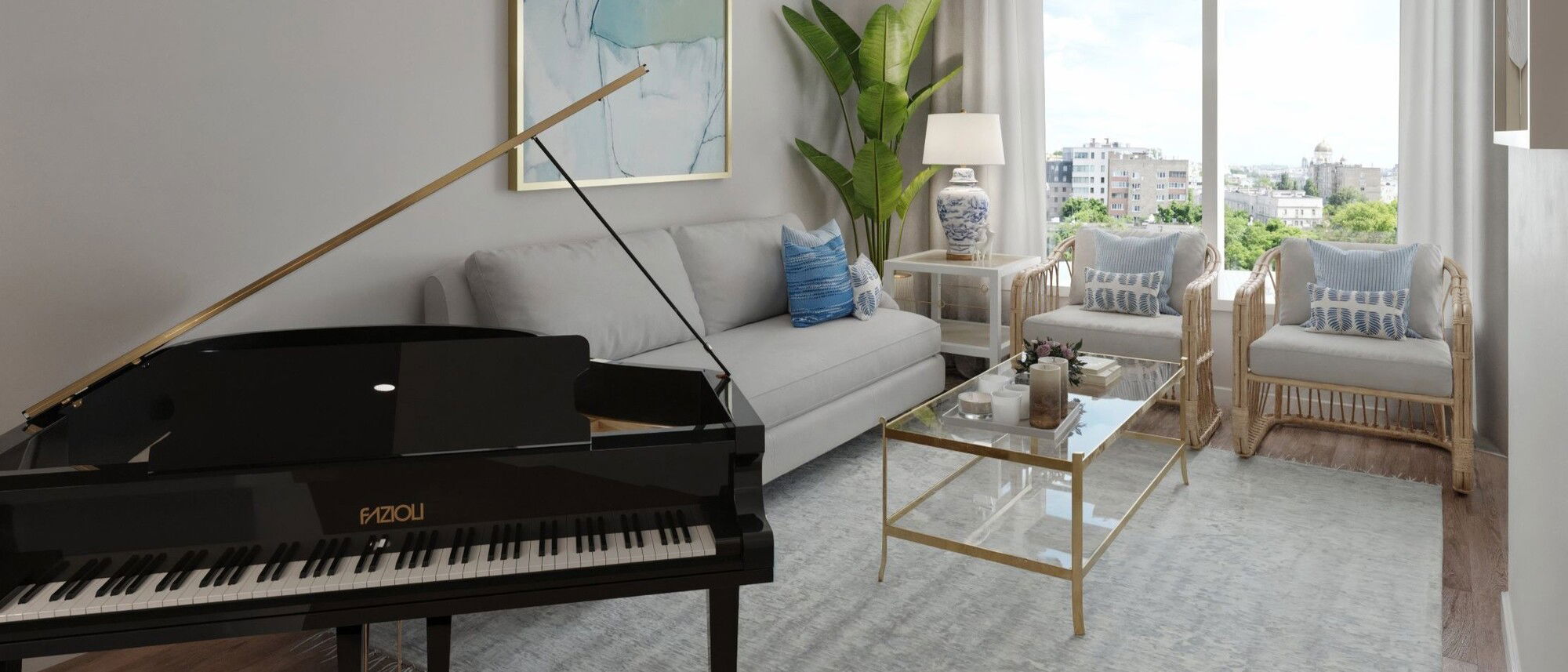 Cozy Living/Dining Combo with Baby Grand Piano- After Rendering