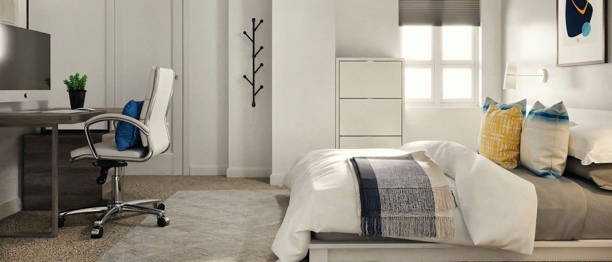 Dormitorio Minimalista con Diseño de Oficina en Casa - Renderizado Después