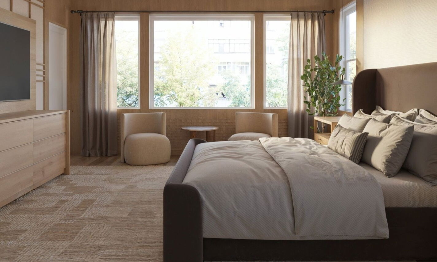 Diseño de dormitorio transicional moderno con tonos naturales por diseñadores de interiores en Pasadena, Texas