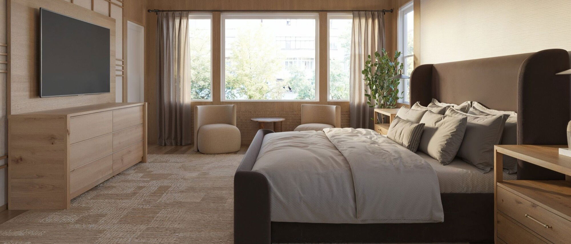 Modern Transitional Bedroom Design with Natural Tones by interior designers in Sugar Land, Texas