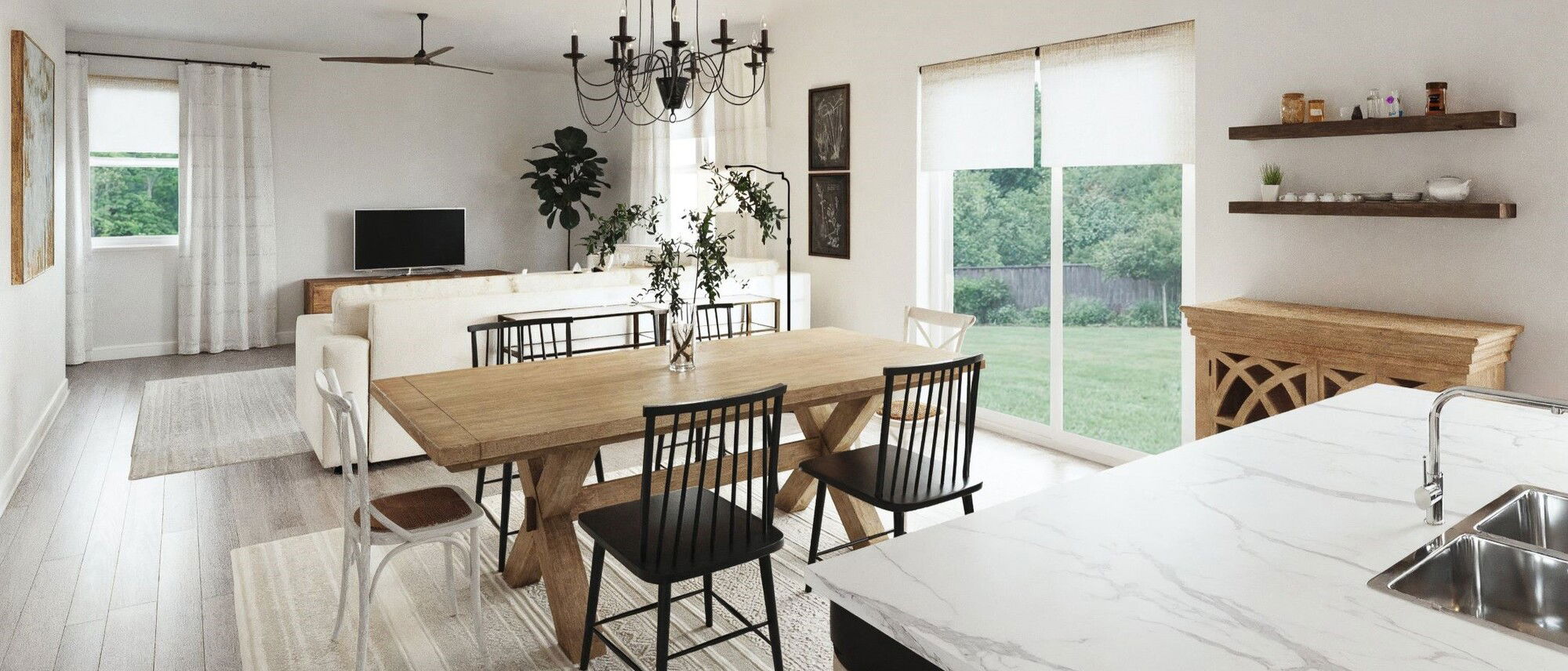 Modern Farmhouse Living & Dining Interior Design- After Rendering