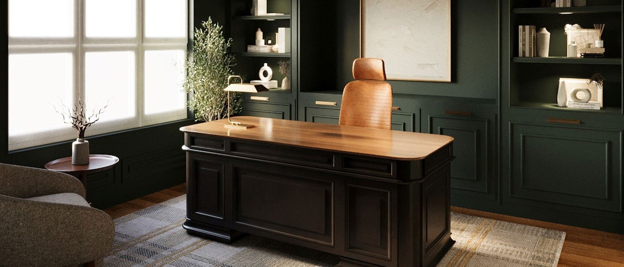 Elegant Dark Green & Classic Home Office Design- After Rendering