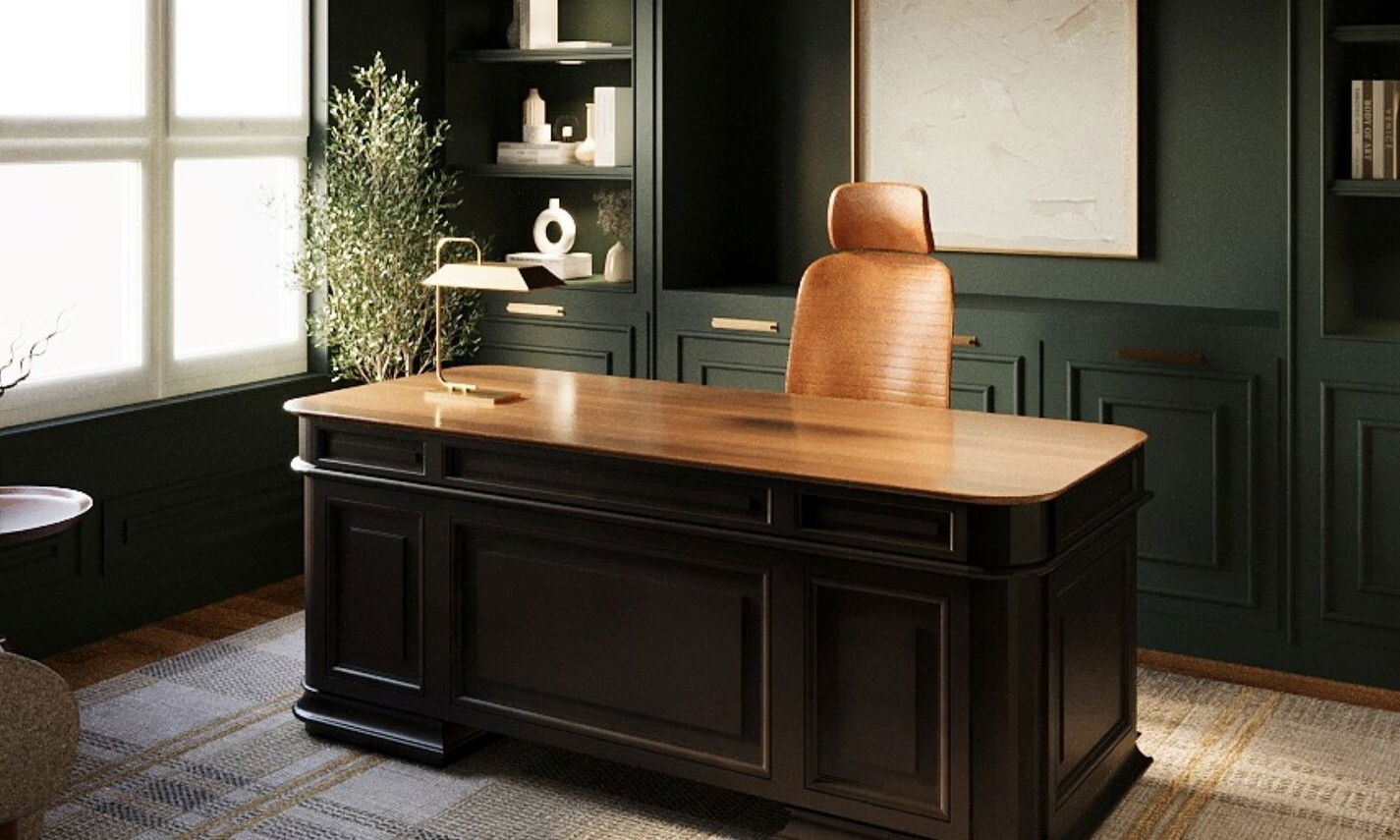 Elegant Dark Green & Classic Home Office Design by top Atlanta interior designers
