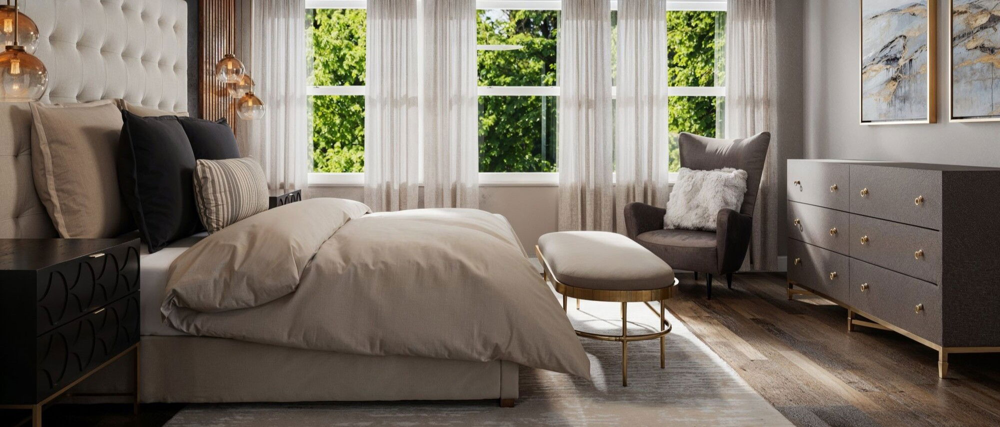Transformación de dormitorio moderno y glamoroso - Renderizado después