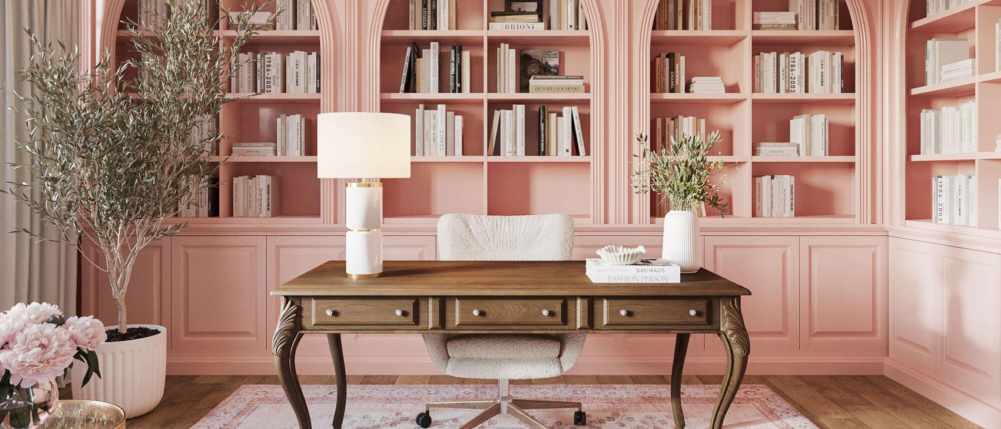 Opulent French Pink Office Library Renovation by affordable Bethesda interior designers